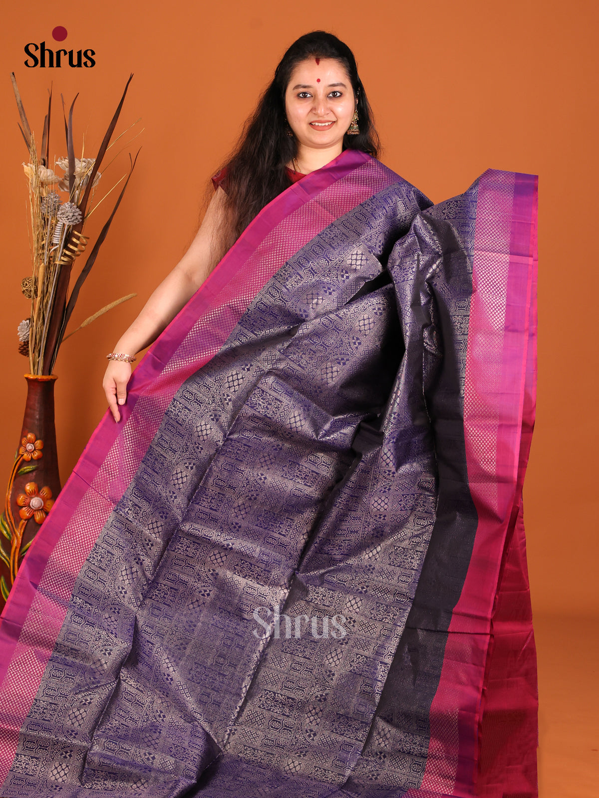 Artisanal Navy Blue Soft Silk Saree with zari brocade body & Purple Pallu -1
