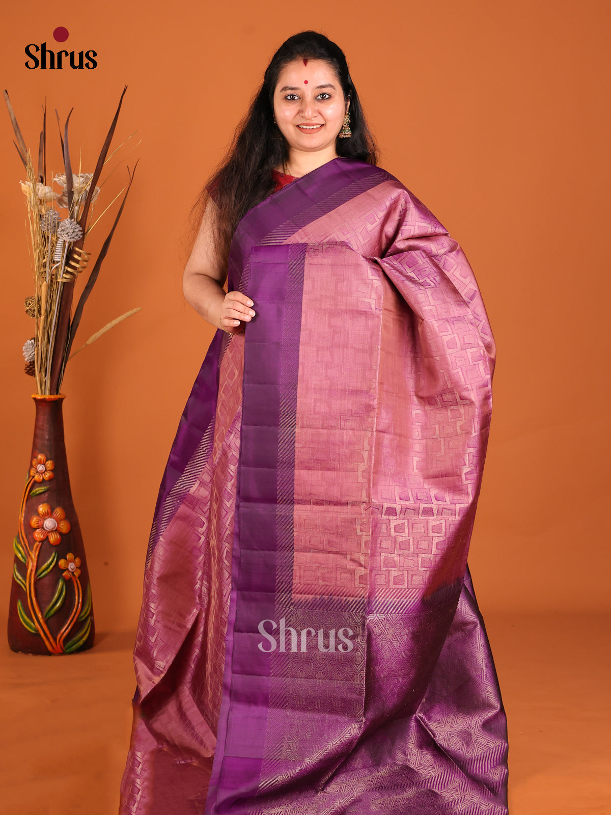 Chic Onion Pink Soft Silk Saree with zari brocade Body & Purple Border