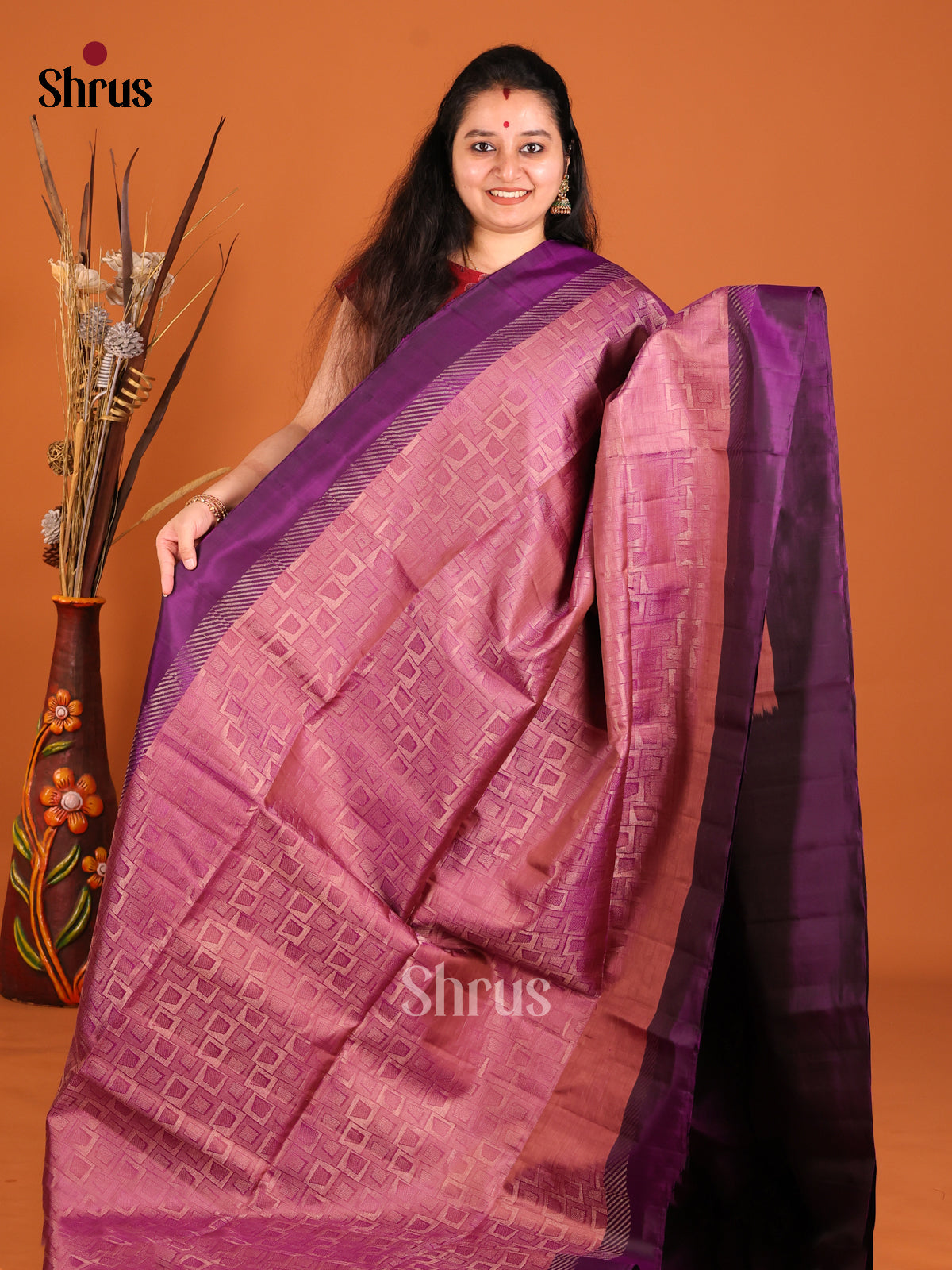 Chic Onion Pink Soft Silk Saree with zari brocade Body & Purple Border -1