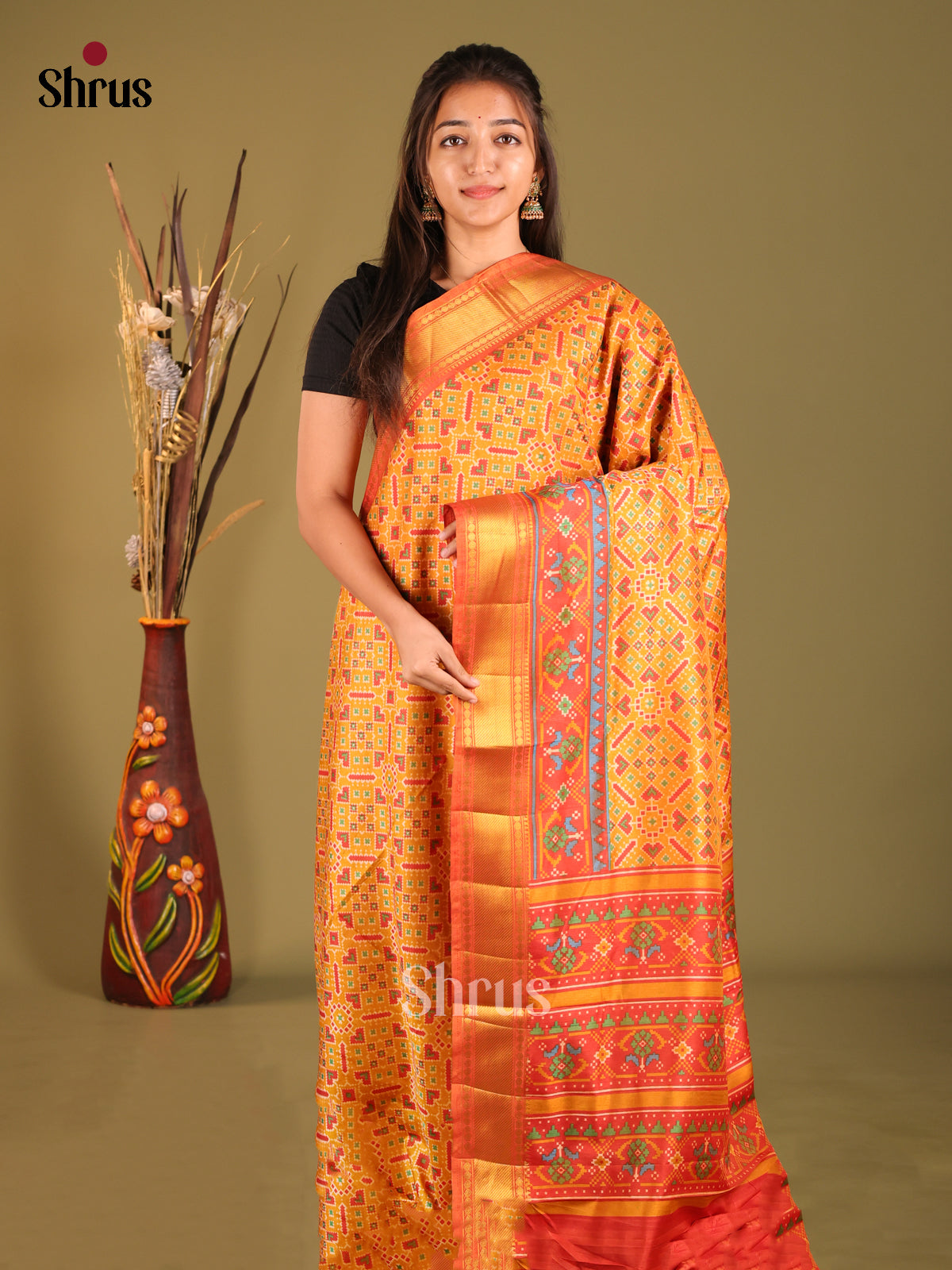 Mustard & Orange- Semi Patola Saree