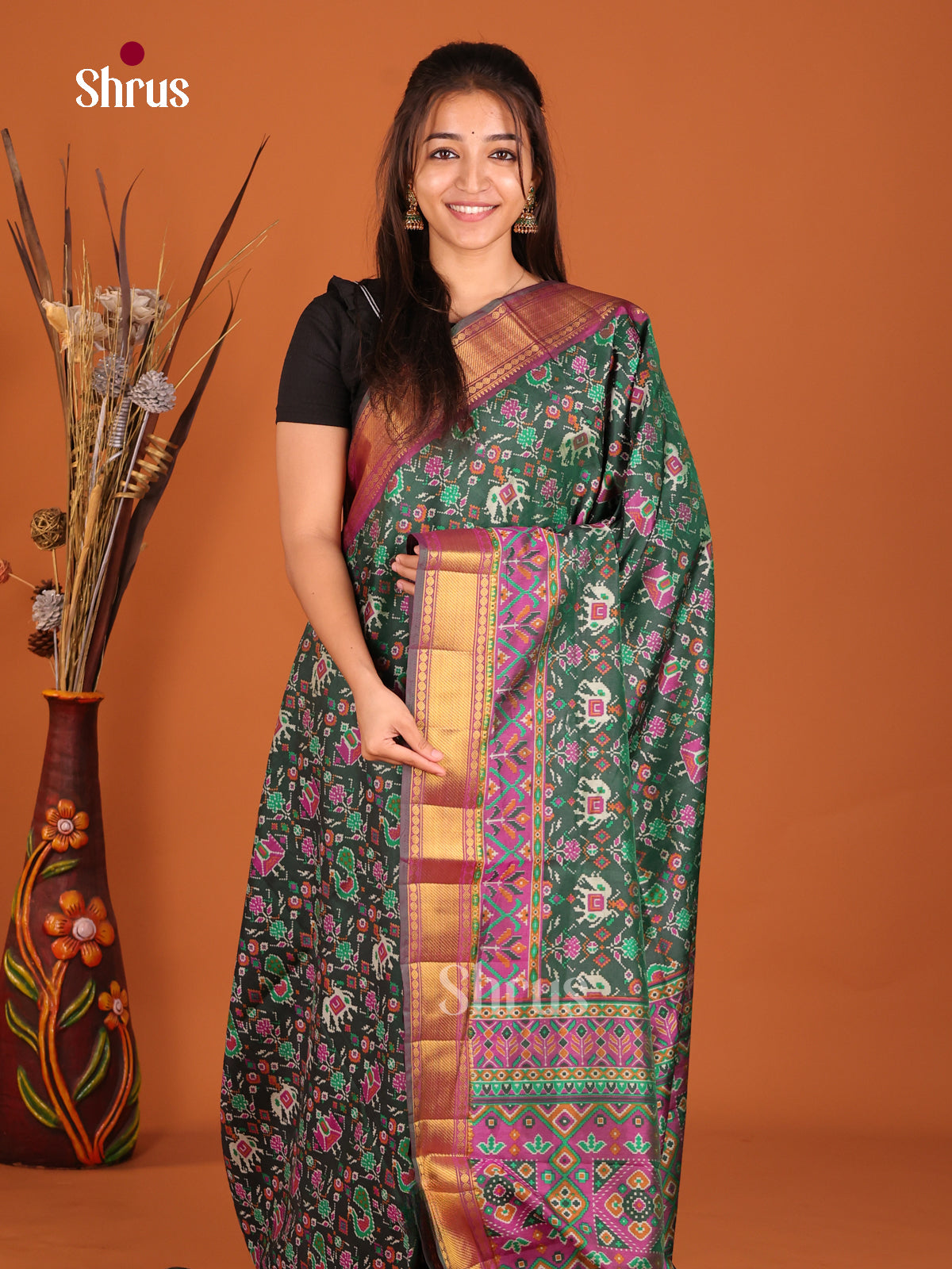 green pink with red zari semi patola saree