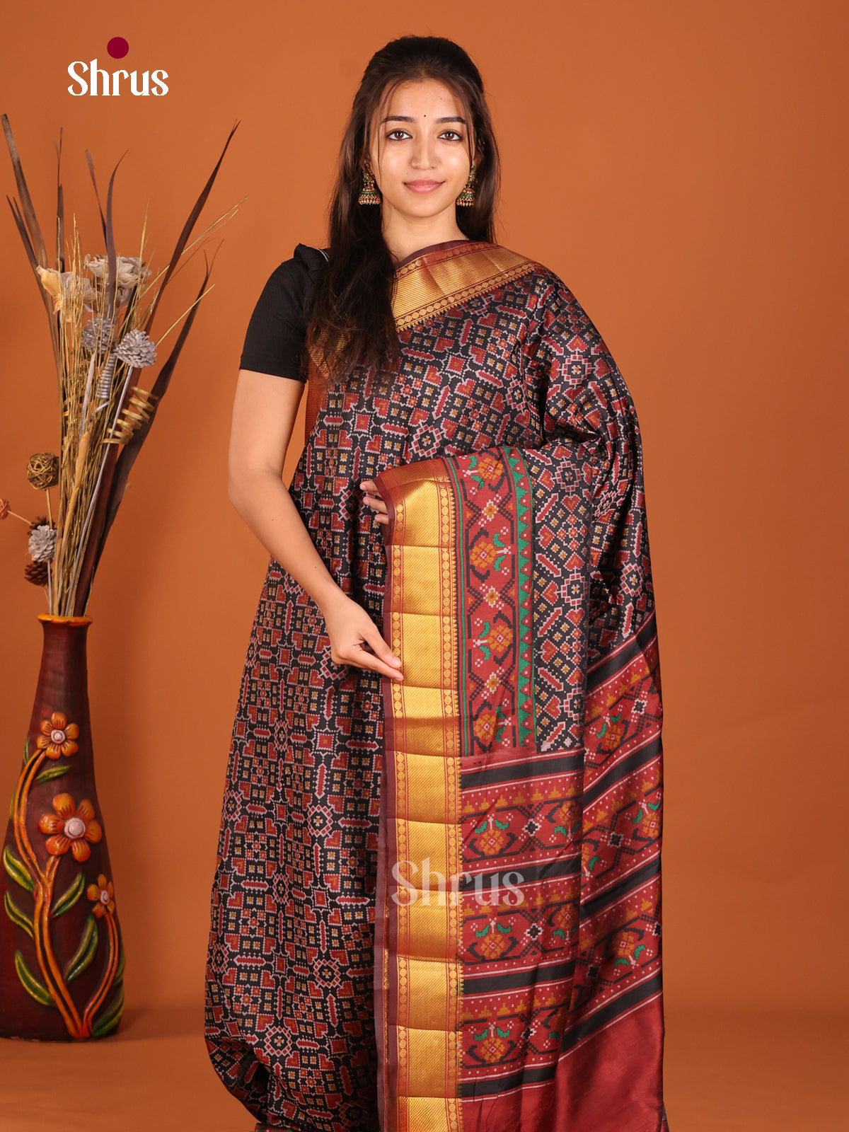 brown blue red Semi Patola Saree