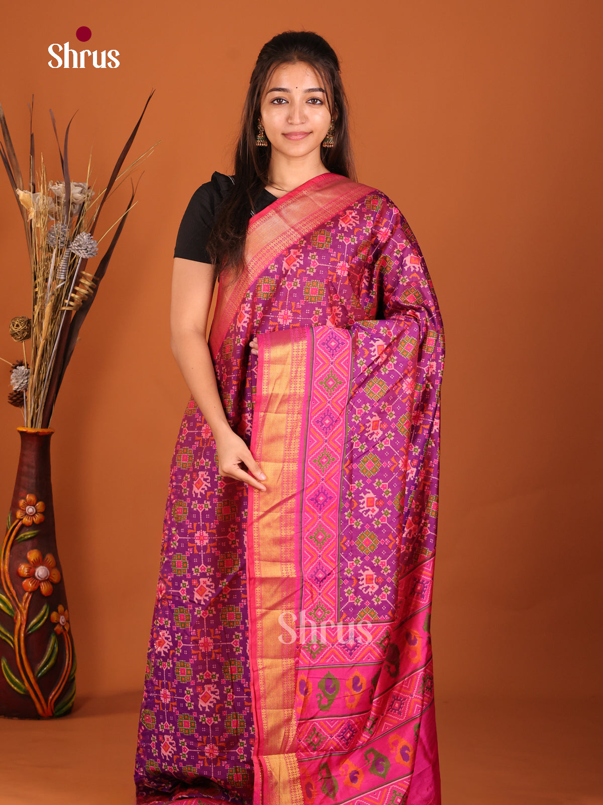 pink with golden zari semi patola saree