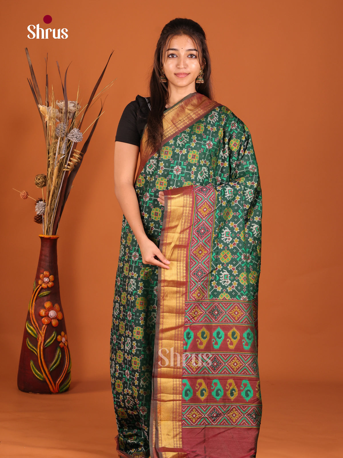 green and brown Semi Patola Saree