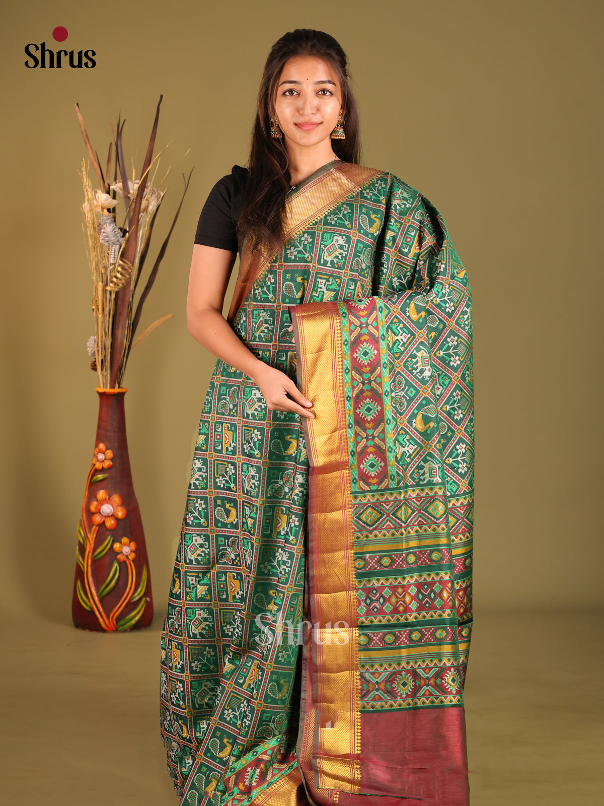 Green & Brown - Semi Patola Saree