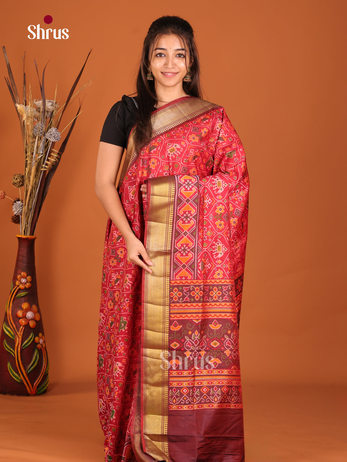 Red and brown Semi Patola Saree