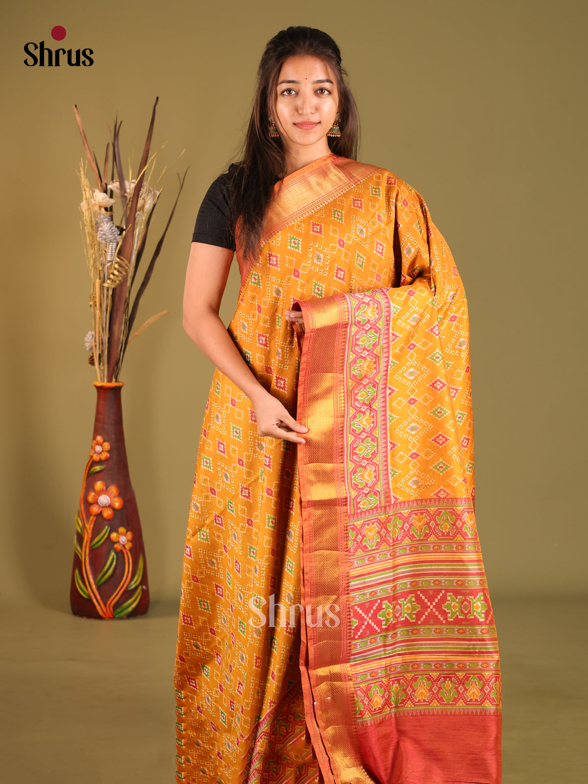 Mustard & Orange- Semi Patola Saree - Shop on Shrus.com