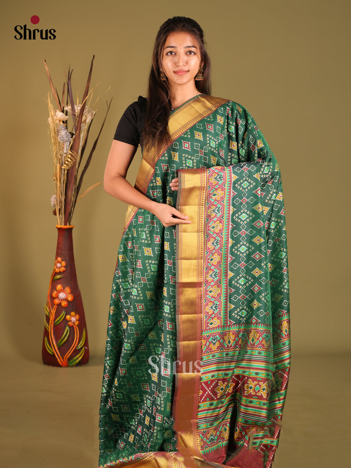 Green & Brown - Semi Patola Saree