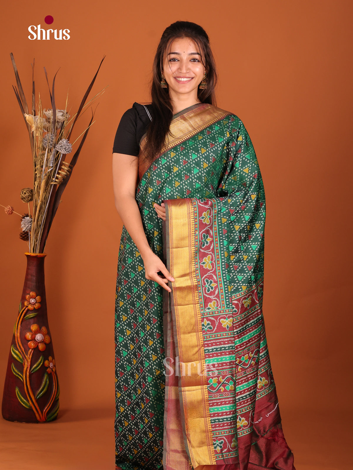 green and marron semi patola saree