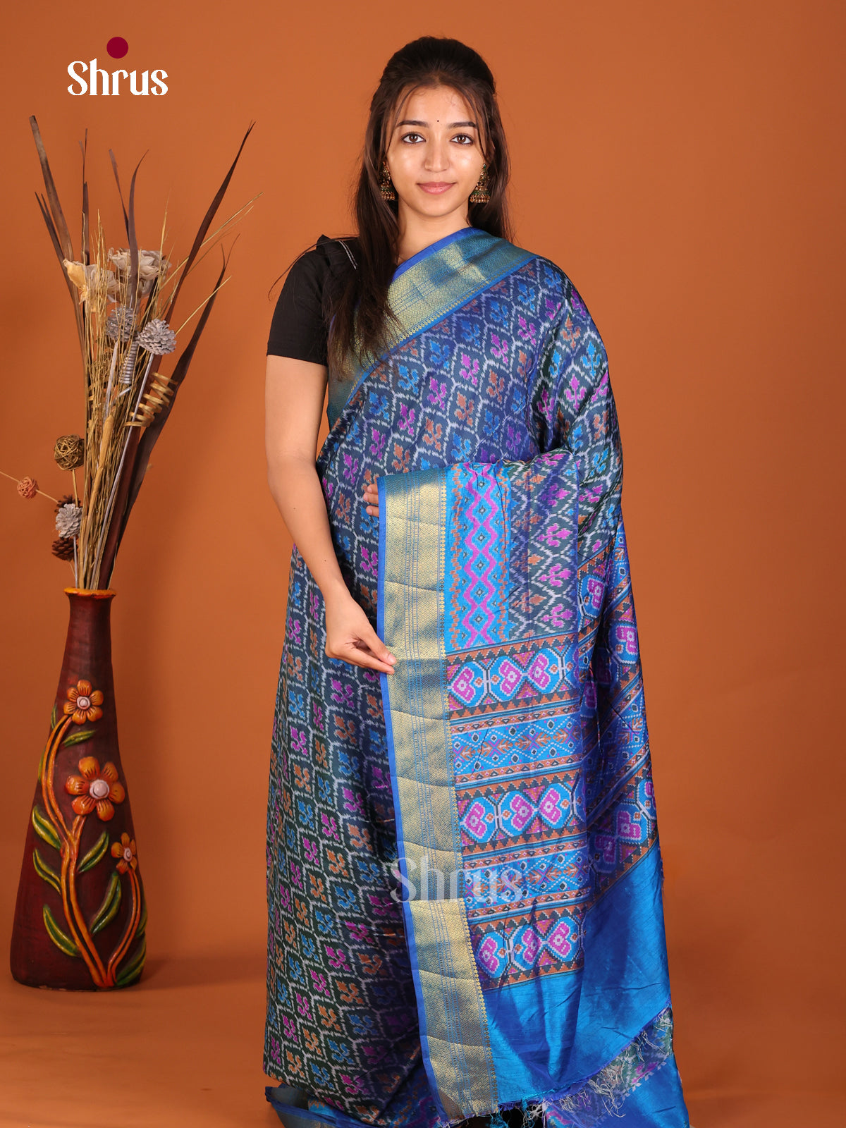 blue with multi color semi patola saree