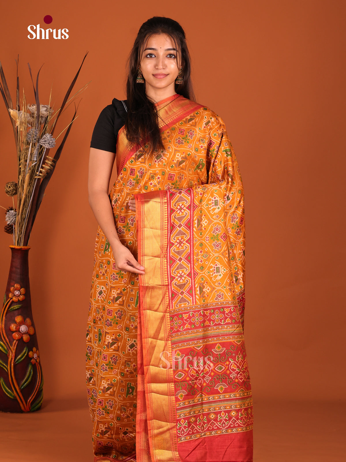 yellow red Semi Patola Saree