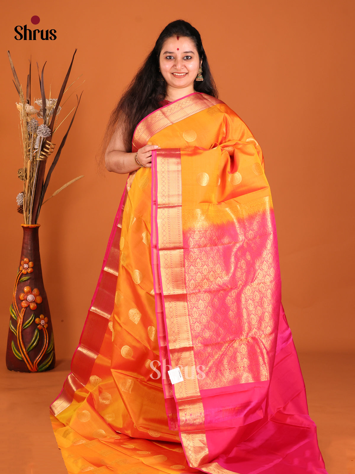 Orange & Pink - Kanchipuram-halfpure Saree