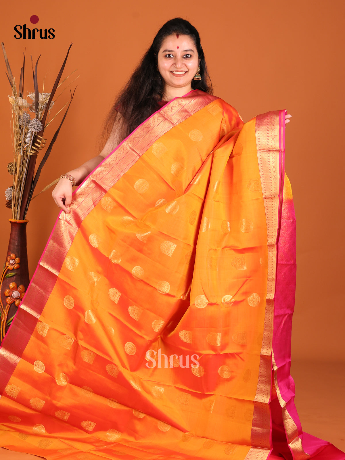 Orange & Pink - Kanchipuram-halfpure Saree -1