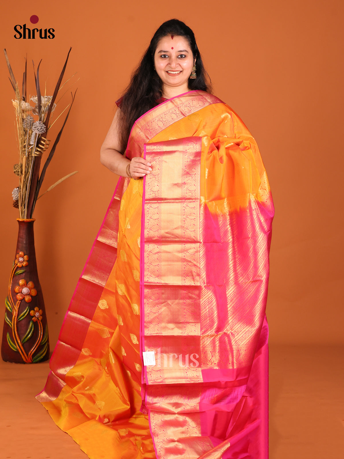 Orange & Pink - Kanchipuram-halfpure Saree - Shop on Shrus.com