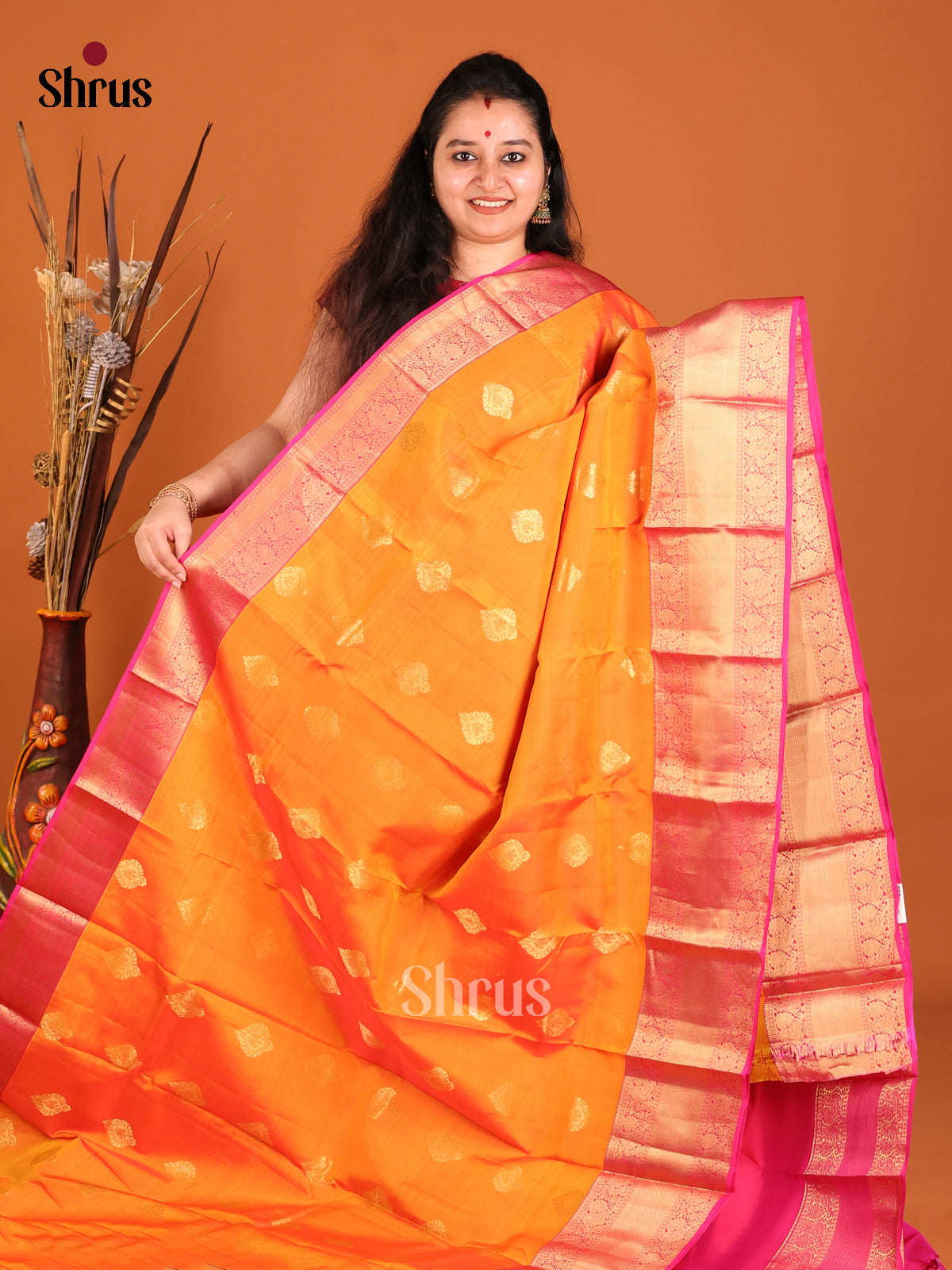 Orange & Pink - Kanchipuram-halfpure Saree - Shop on Shrus.com