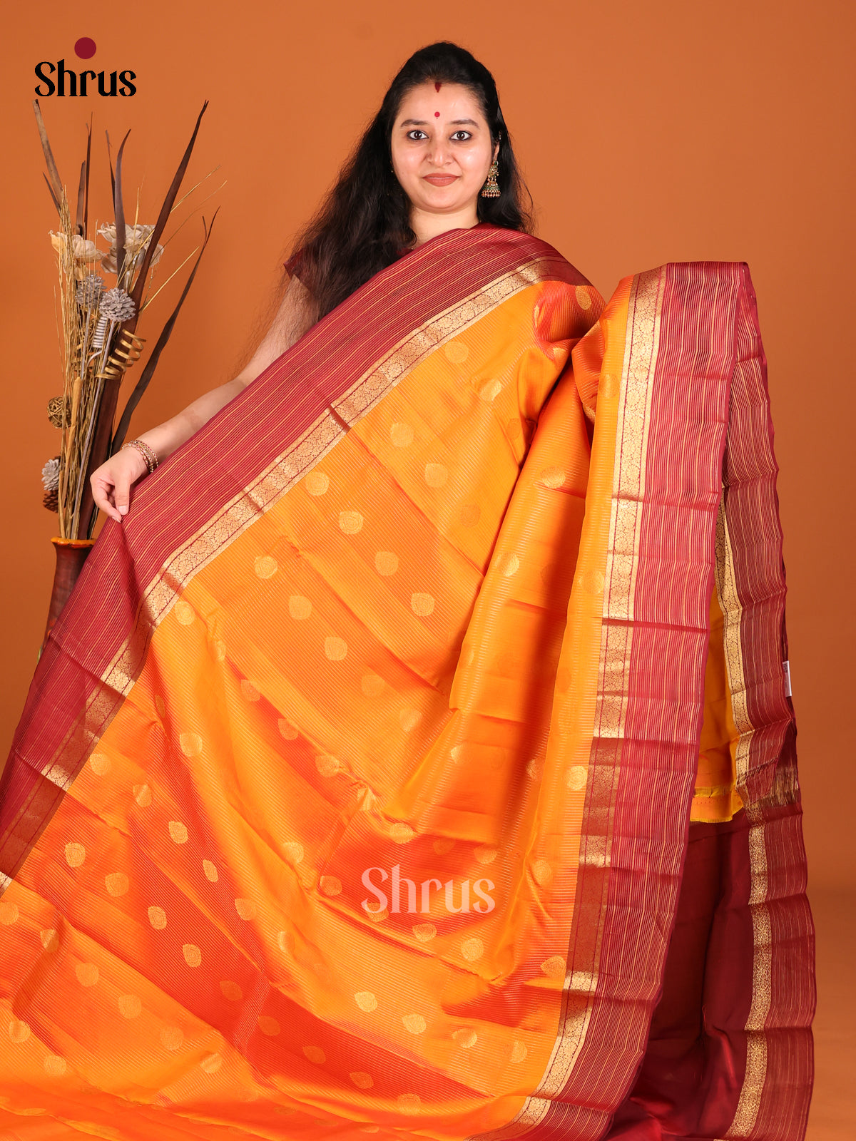 Orange & Maroon - Kanchipuram-halfpure Saree - Shop on Shrus.com