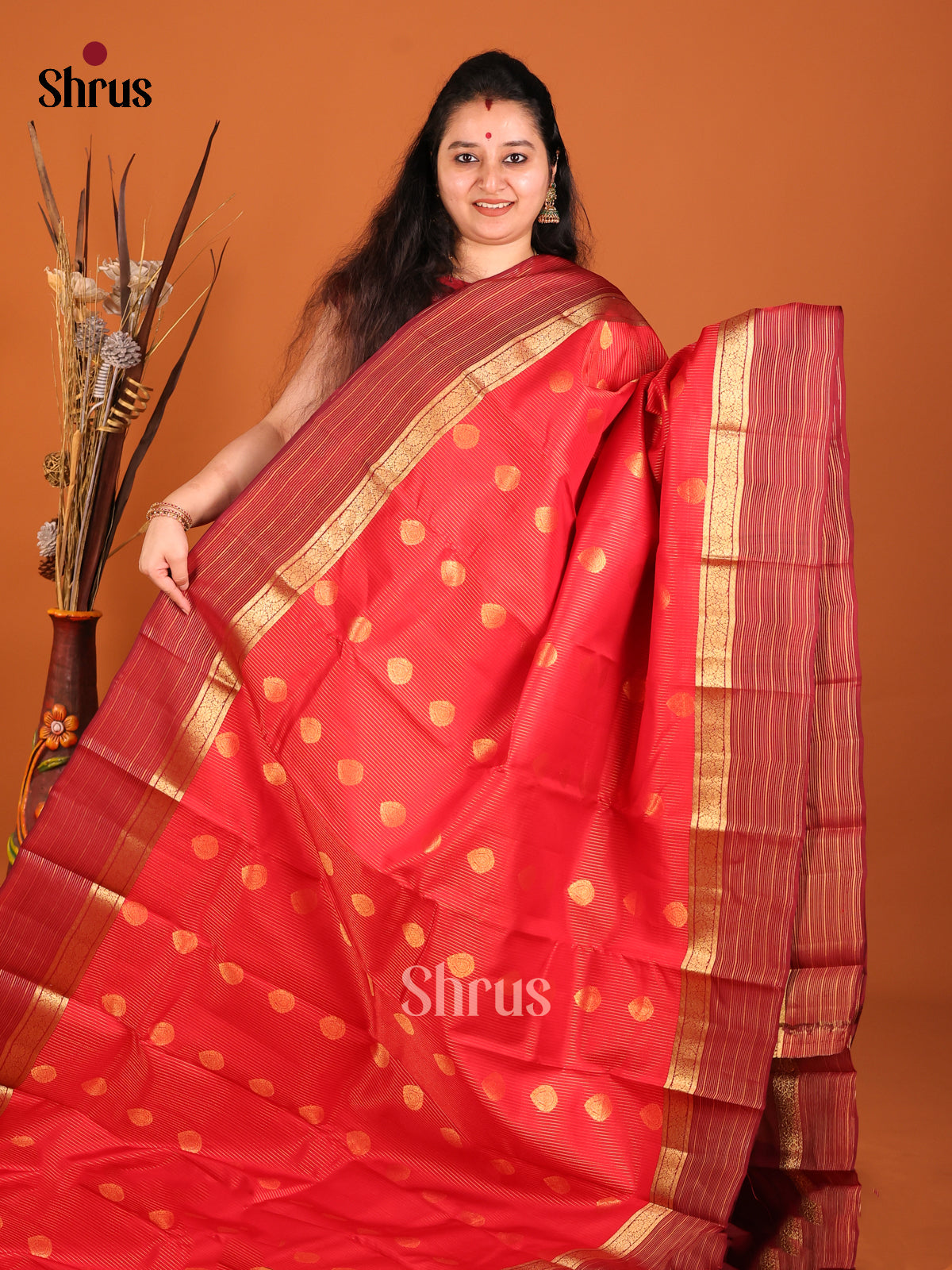 Red & Maroon - Kanchipuram-halfpure Saree - Shop on Shrus.com