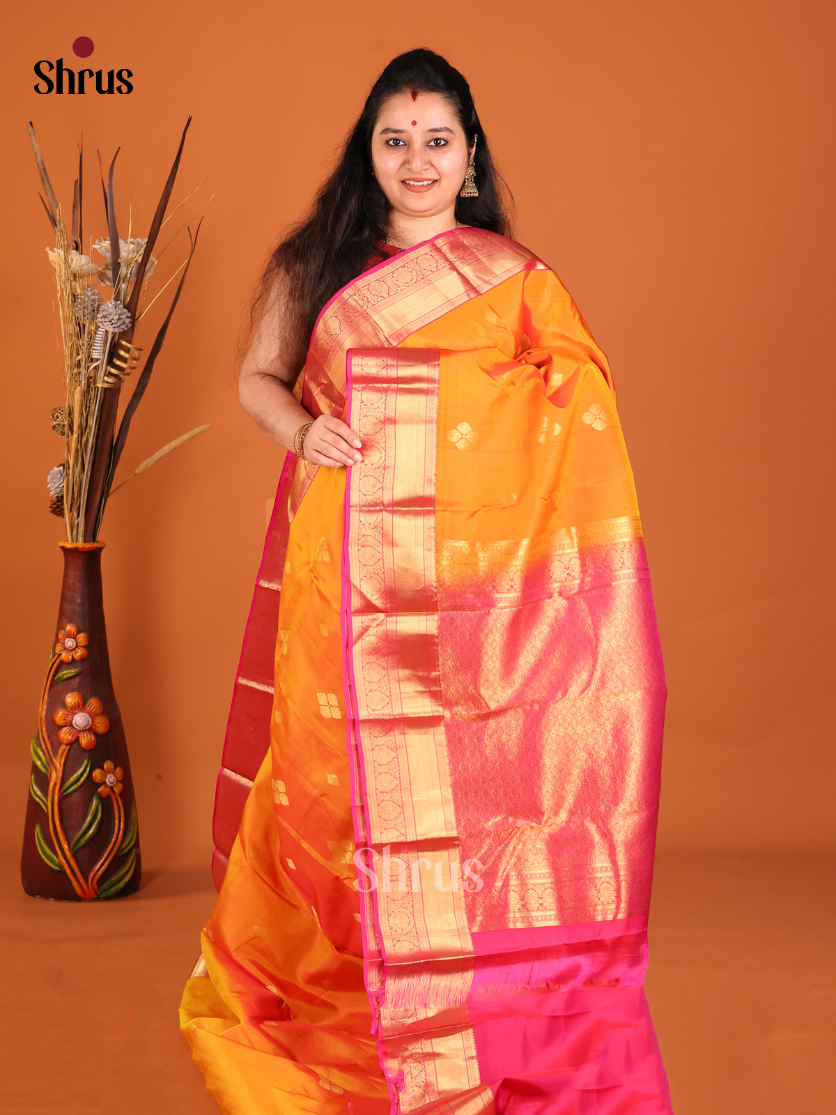 Orange & Pink - Kanchipuram-halfpure Saree - Shop on Shrus.com