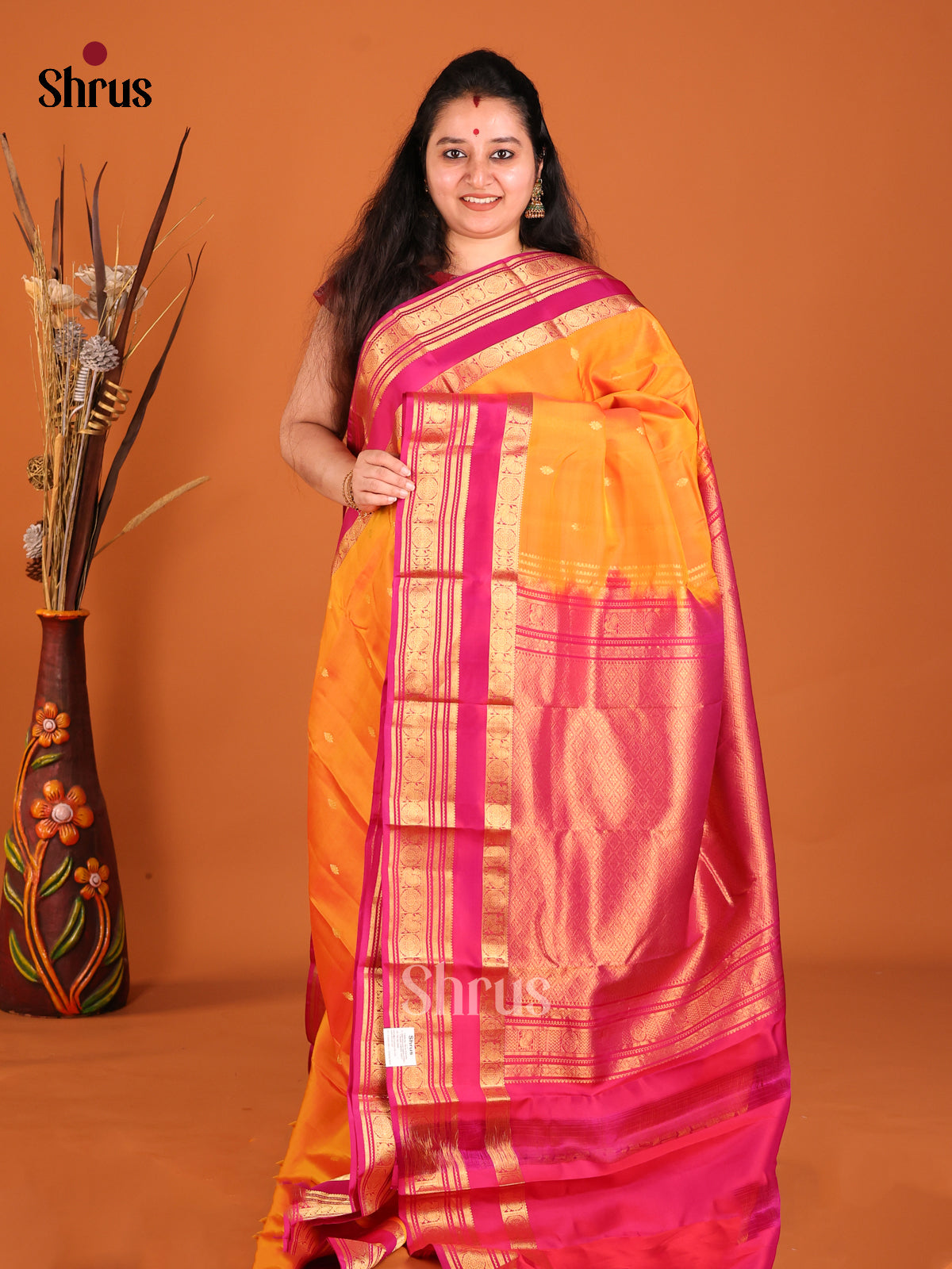 Orange & Pink - Kanchipuram-halfpure Saree