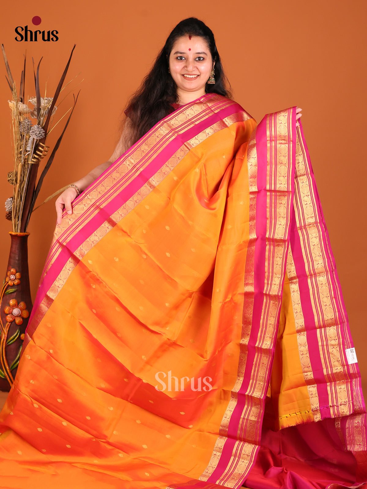 Orange & Pink - Kanchipuram-halfpure Saree