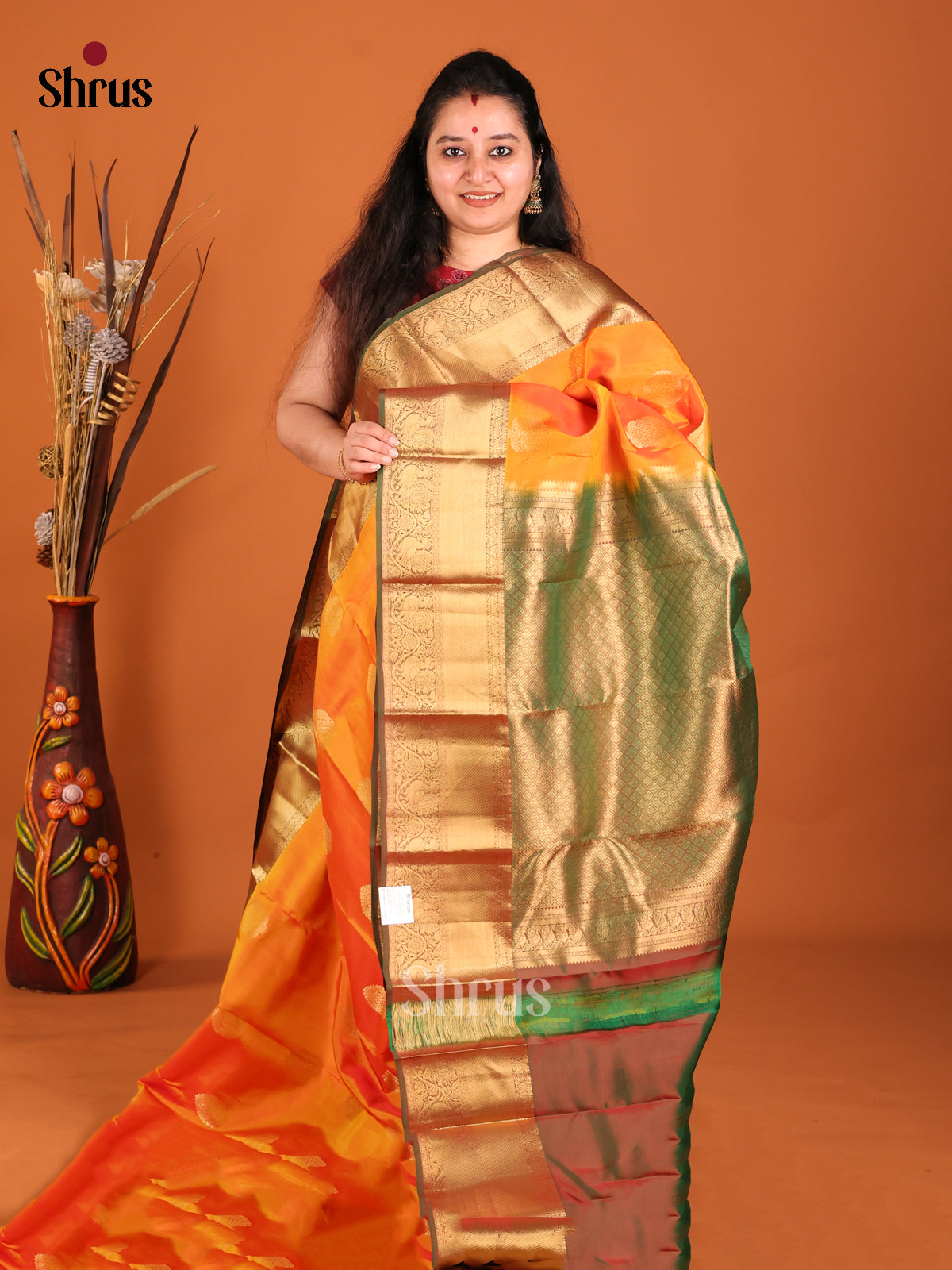 Orange & Green- Kanchipuram-halfpure Saree - Shop on Shrus.com