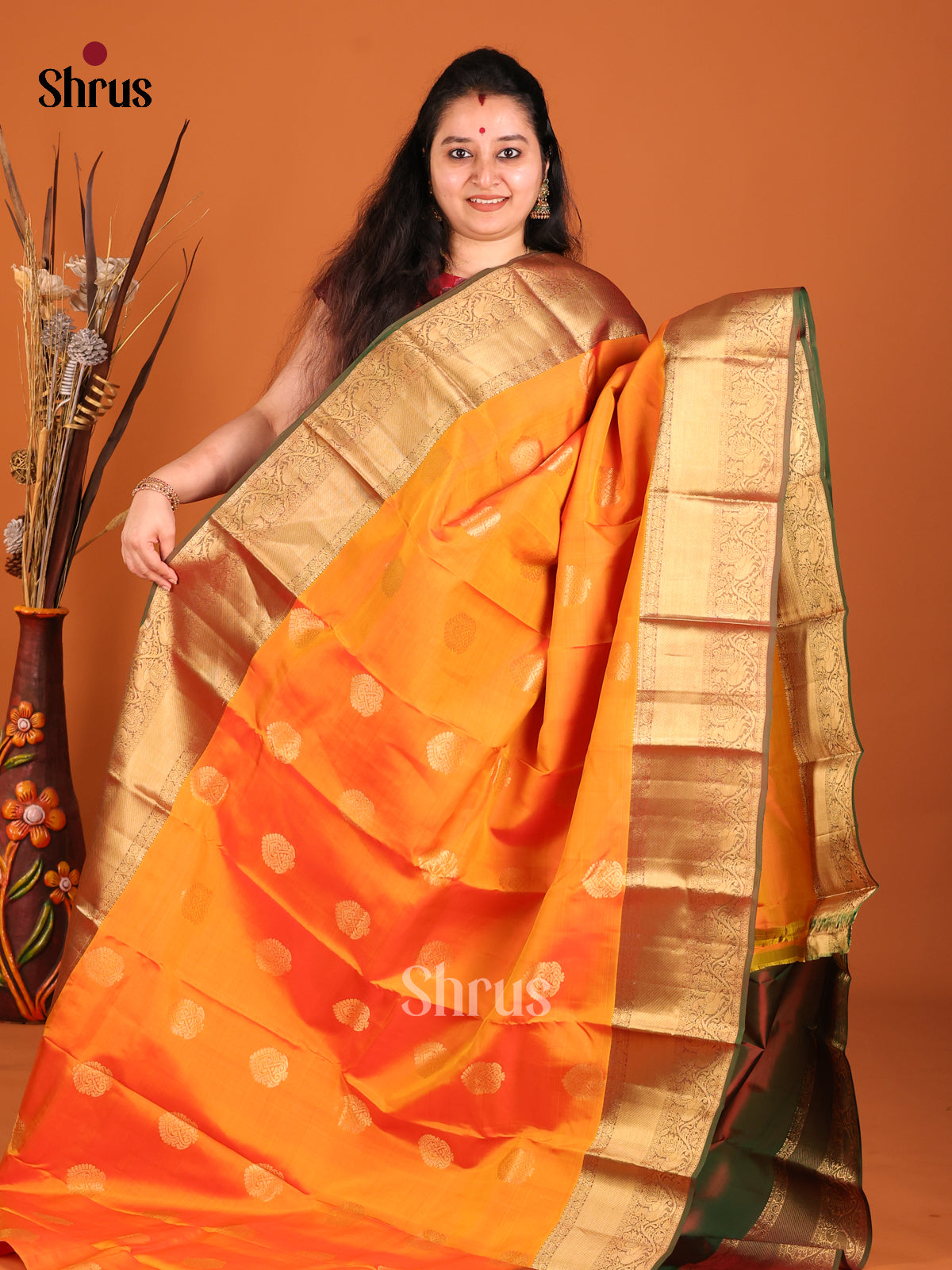 Orange & Green- Kanchipuram-halfpure Saree - Shop on Shrus.com
