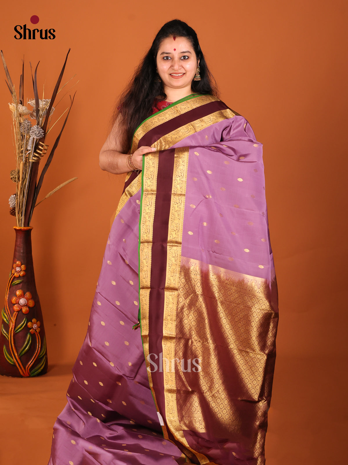 Lavender & Arakku Maron - Kanchipuram-halfpure Saree - Shop on Shrus.com