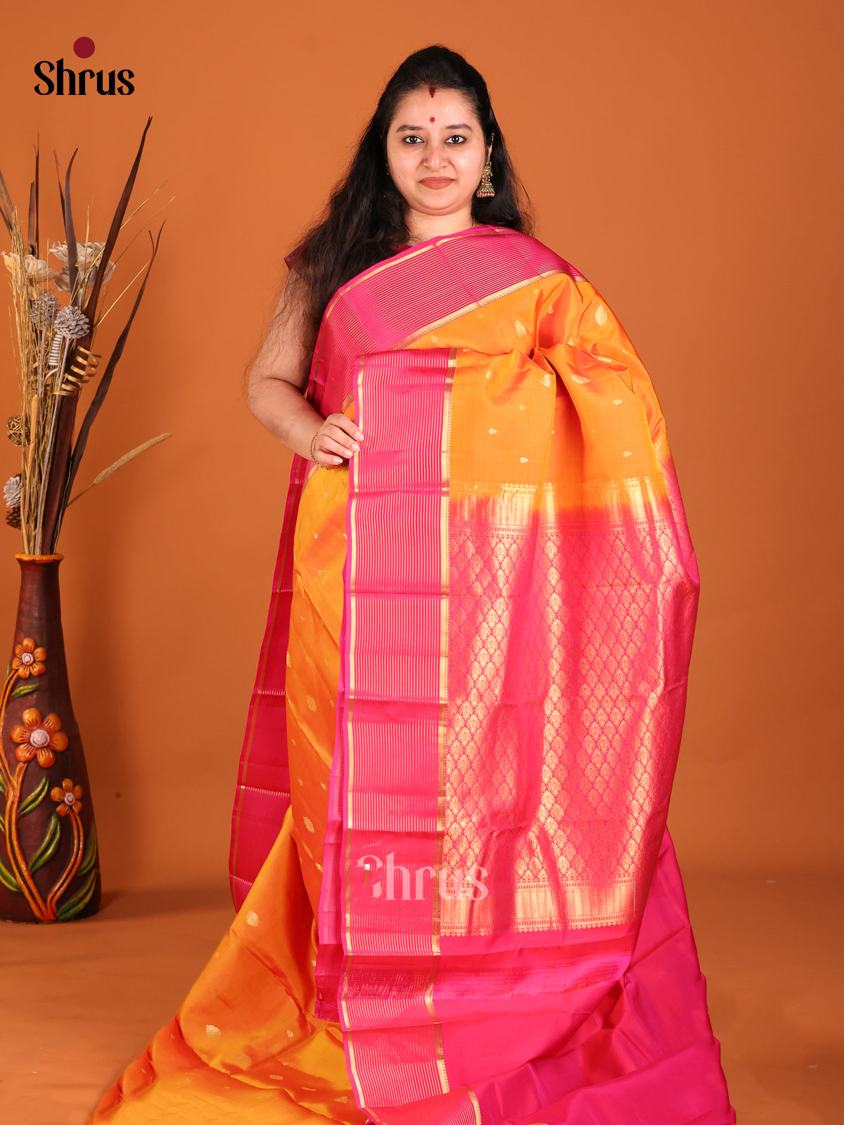 Orange & Pink - Kanchipuram-halfpure Saree - Shop on Shrus.com