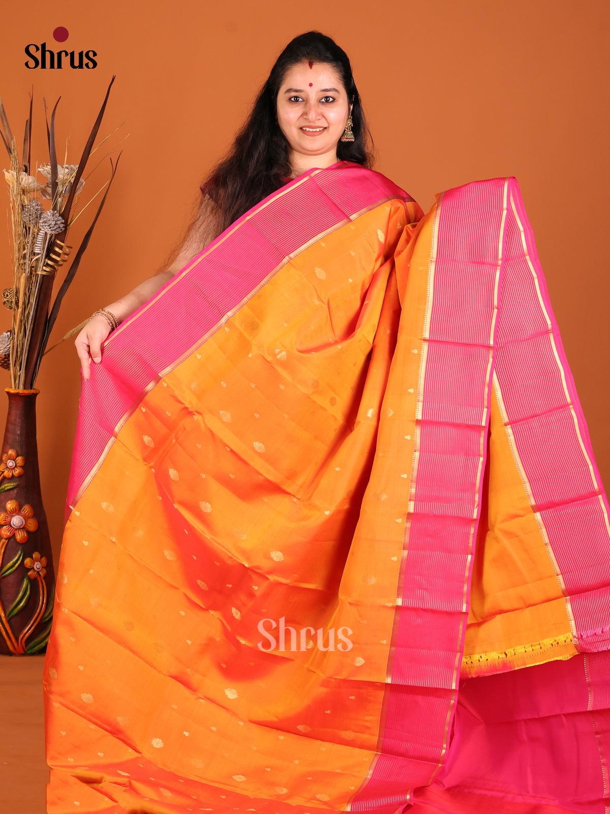 Orange & Pink - Kanchipuram-halfpure Saree - Shop on Shrus.com