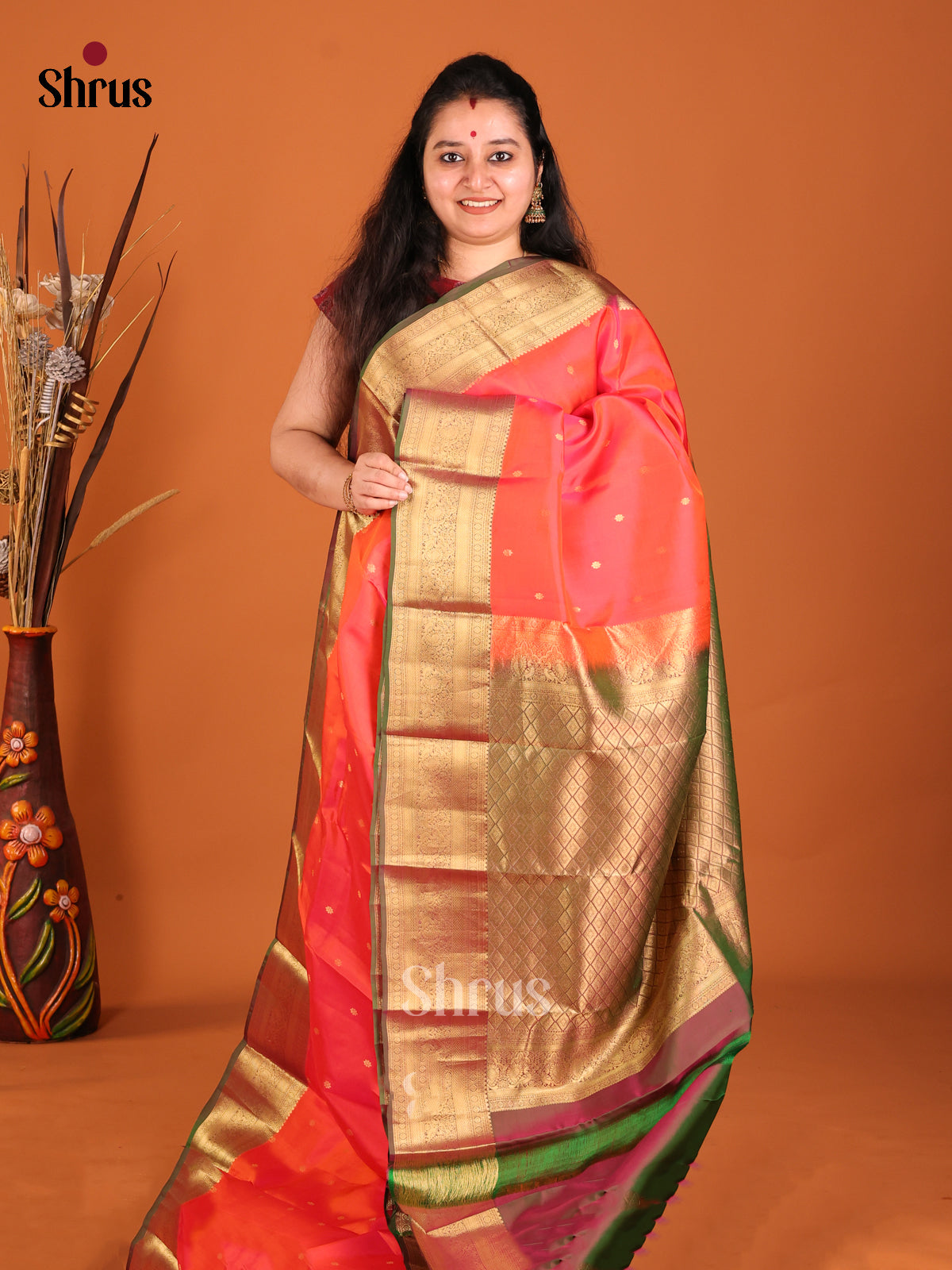 Orangish Pink & Green- Kanchipuram-halfpure Saree