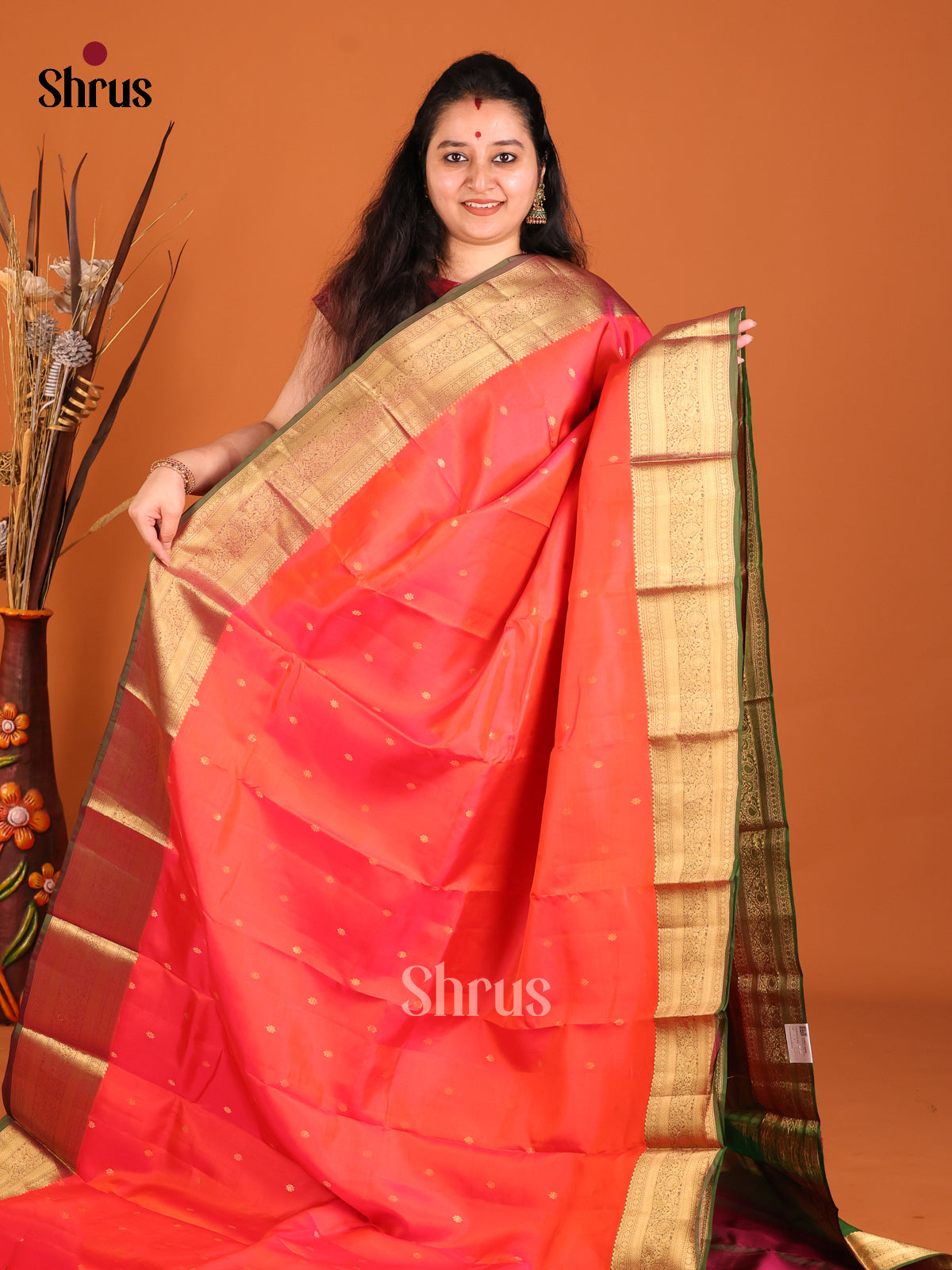 Orangish Pink & Green- Kanchipuram-halfpure Saree 1