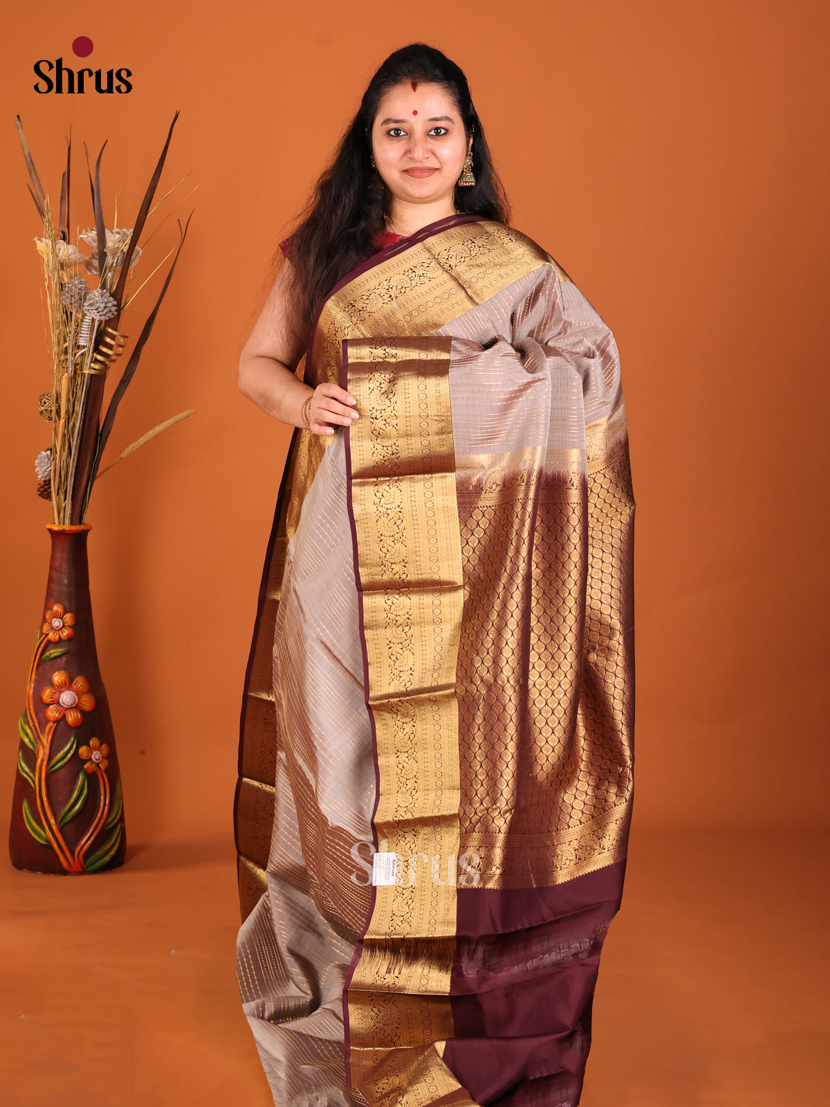 Grey & Maroon - Kanchipuram-halfpure Saree