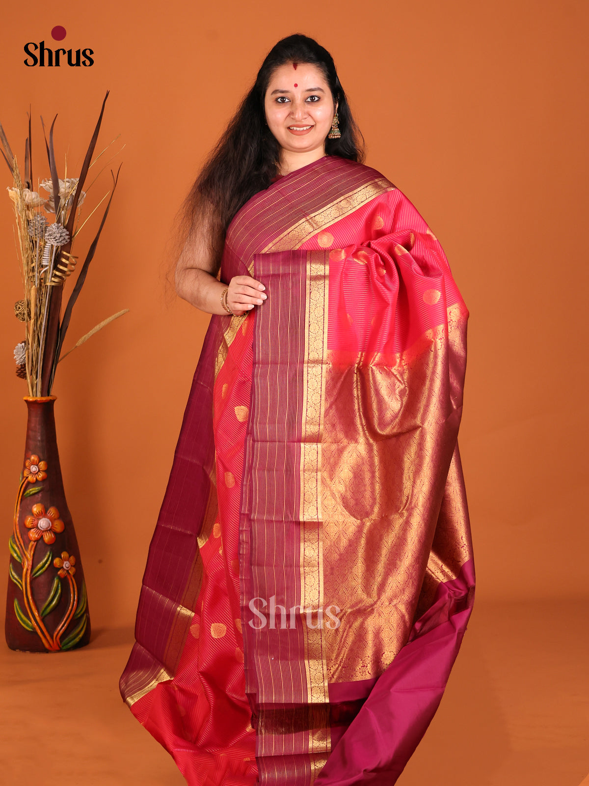 Pink & Maroon - Kanchipuram-halfpure Saree
