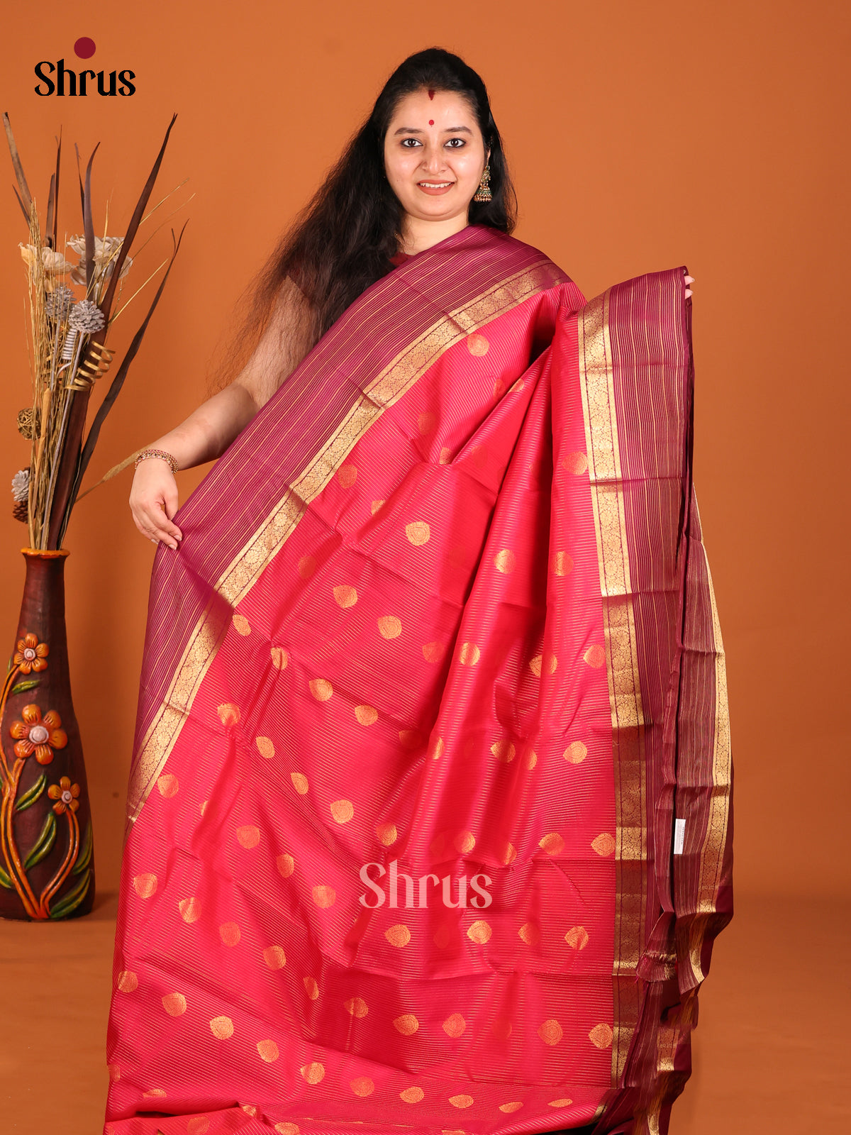Pink & Maroon - Kanchipuram-halfpure Saree