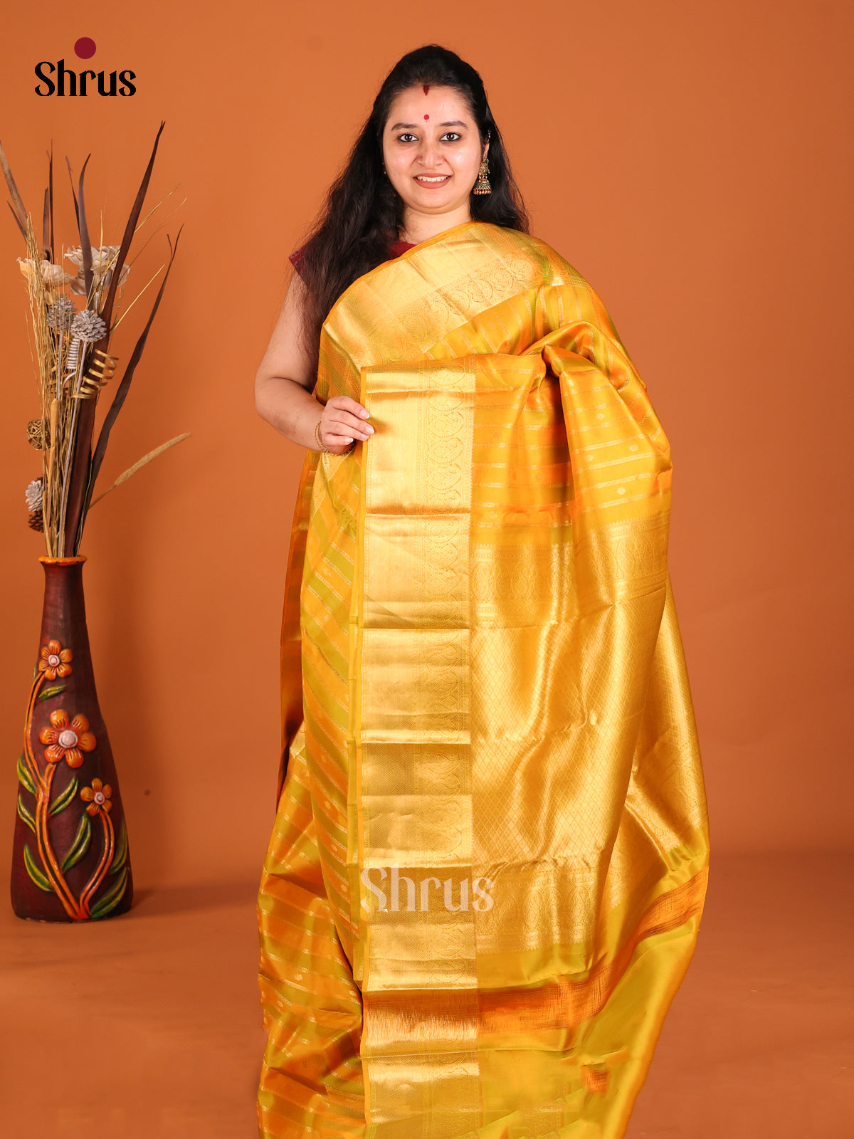 Mustard & Green - Kanchipuram-halfpure Saree - Shop on Shrus.com
