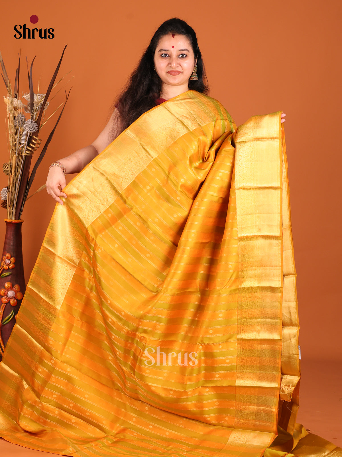 Mustard & Green - Kanchipuram-halfpure Saree - Shop on Shrus.com
