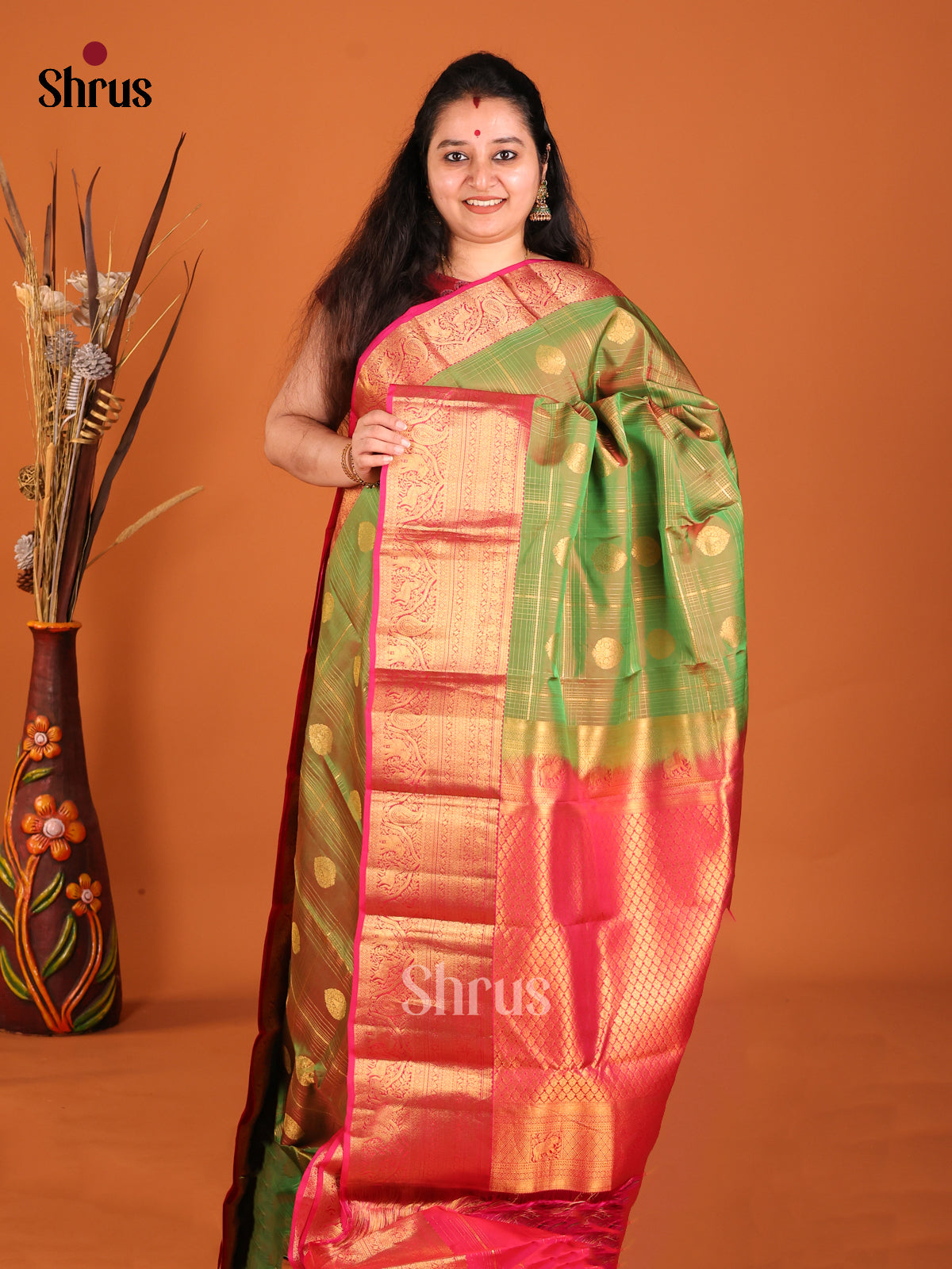 Double Shaded Green & Pink - Kanchipuram-halfpure Saree - Shop on Shrus.com