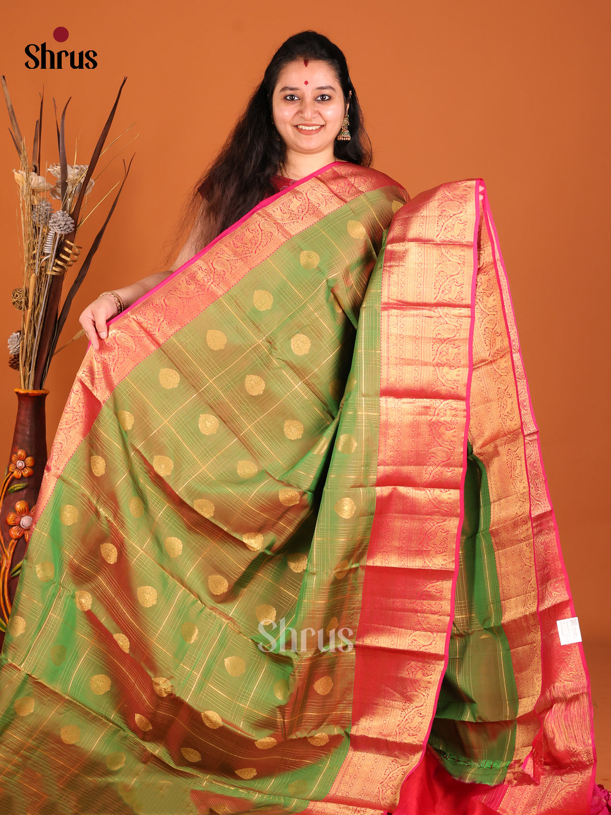 Double Shaded Green & Pink - Kanchipuram-halfpure Saree - Shop on Shrus.com