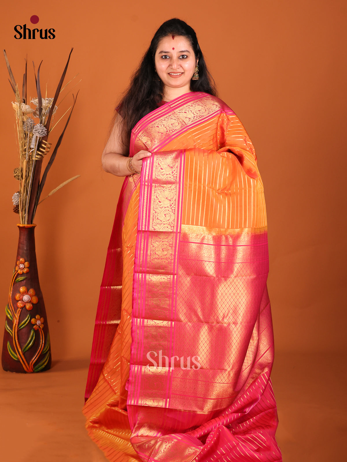 Orange & Pink - Kanchipuram-halfpure Saree