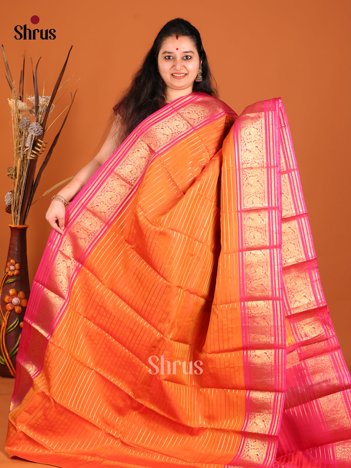 Orange & Pink - Kanchipuram-halfpure Saree 1
