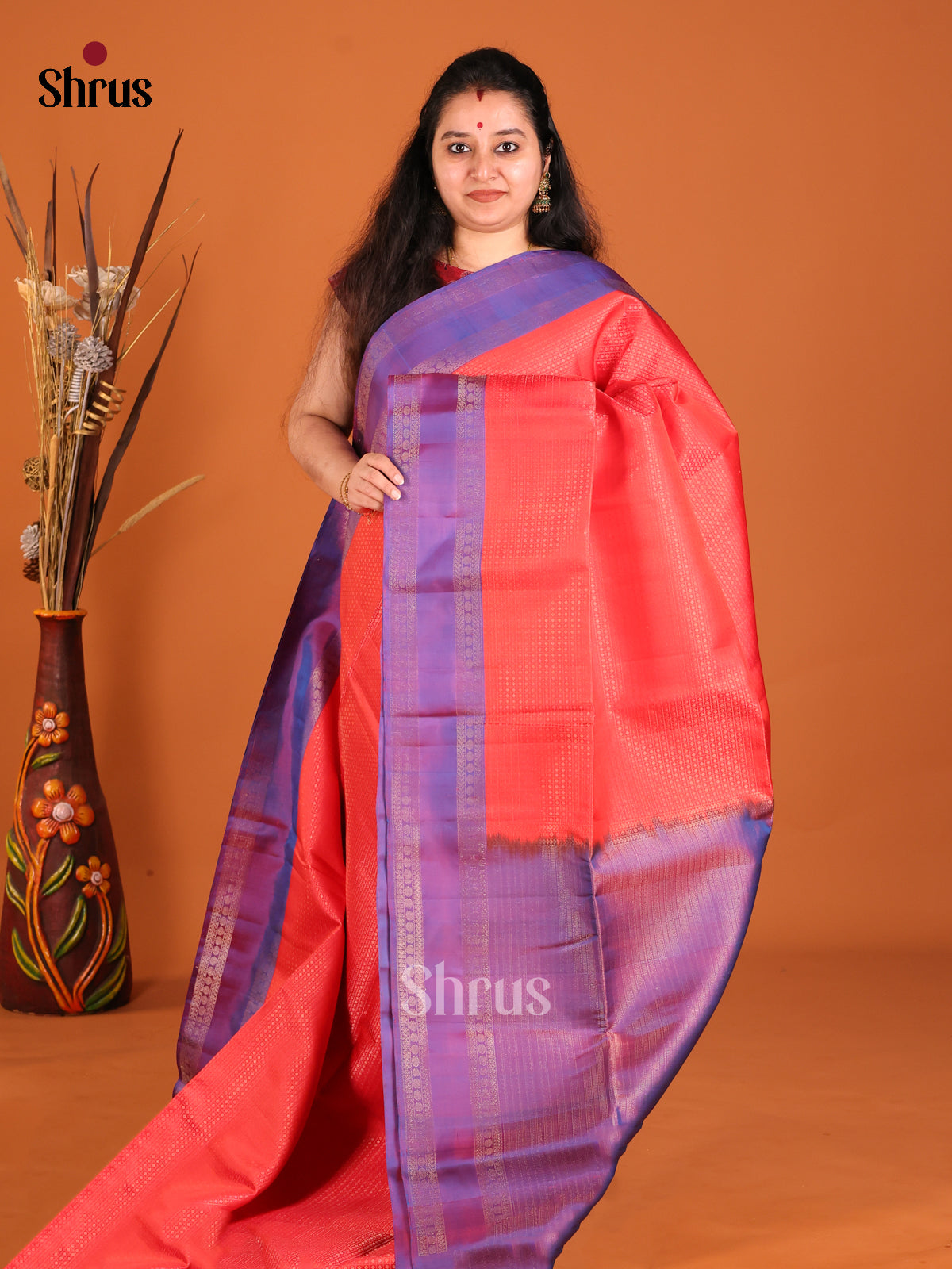 Beautiful Red Soft Silk Saree with zari checks & Purple Rettaipet border