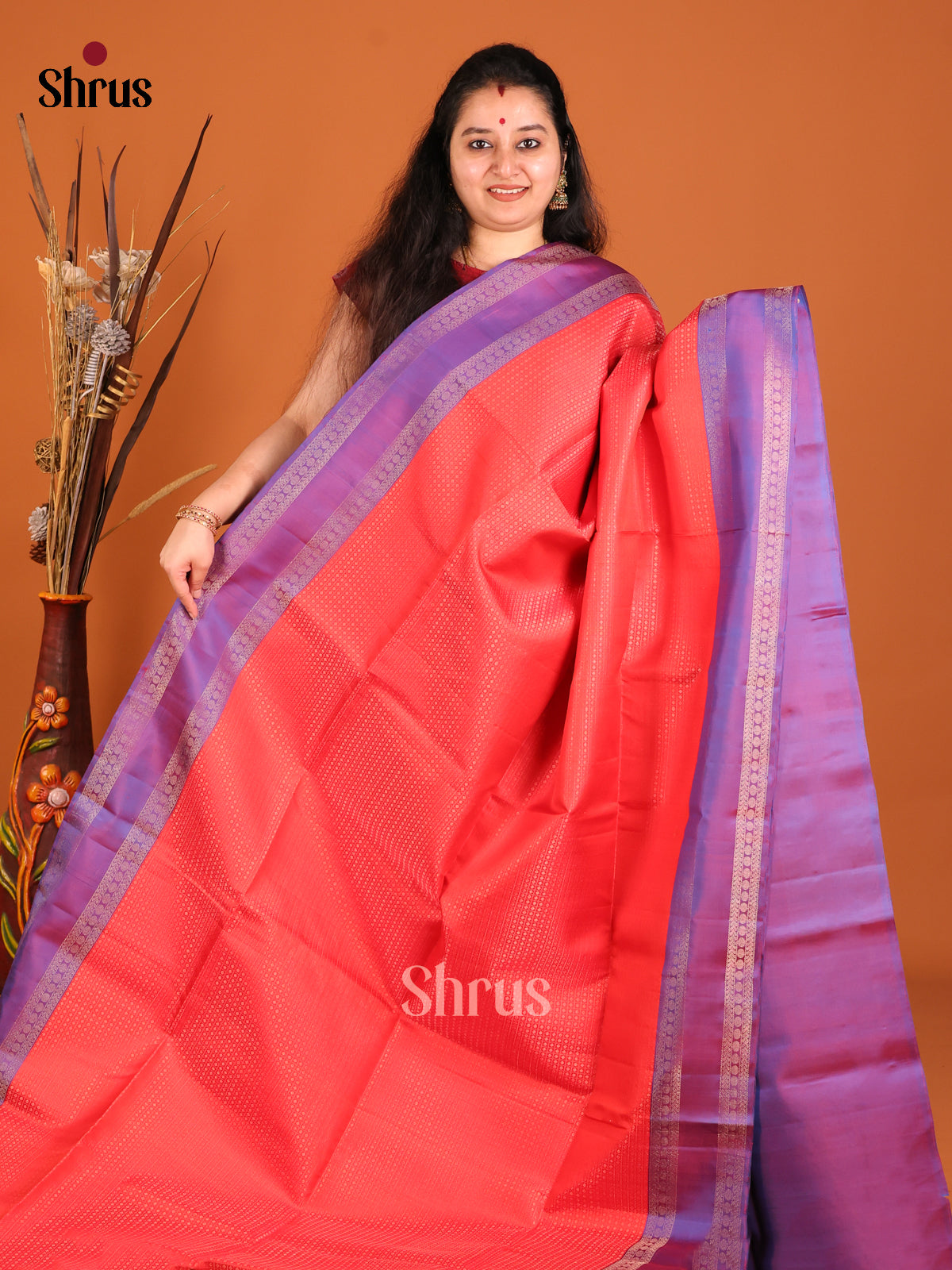 Beautiful Red Soft Silk Saree with zari checks & Purple Rettaipet border -1