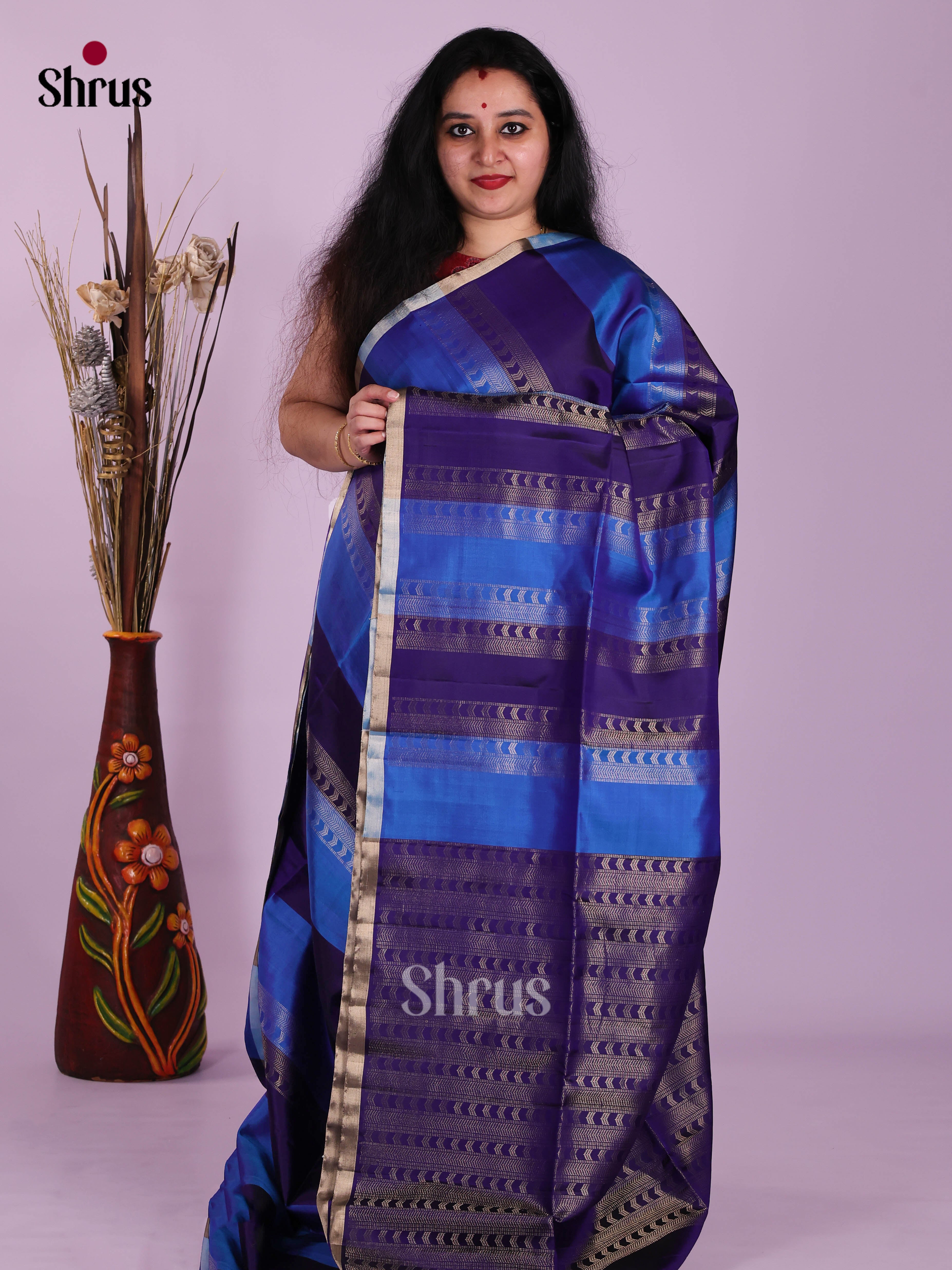 Vibrant Blue & Navy Blue Soft Silk Saree with zari stripes