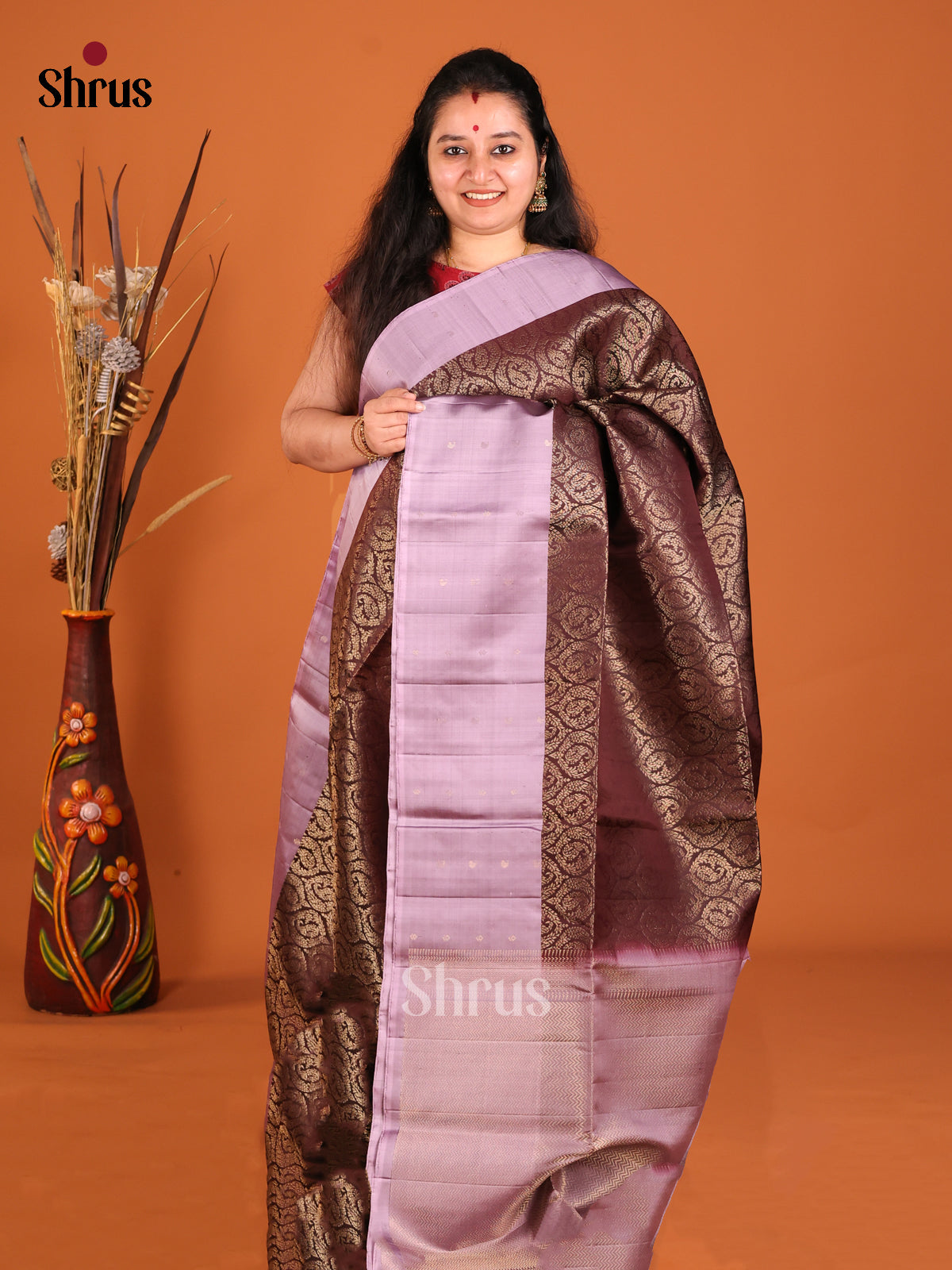 Timeless Brown Soft Silk Saree with paisleys zari brocade & Lavender Border
