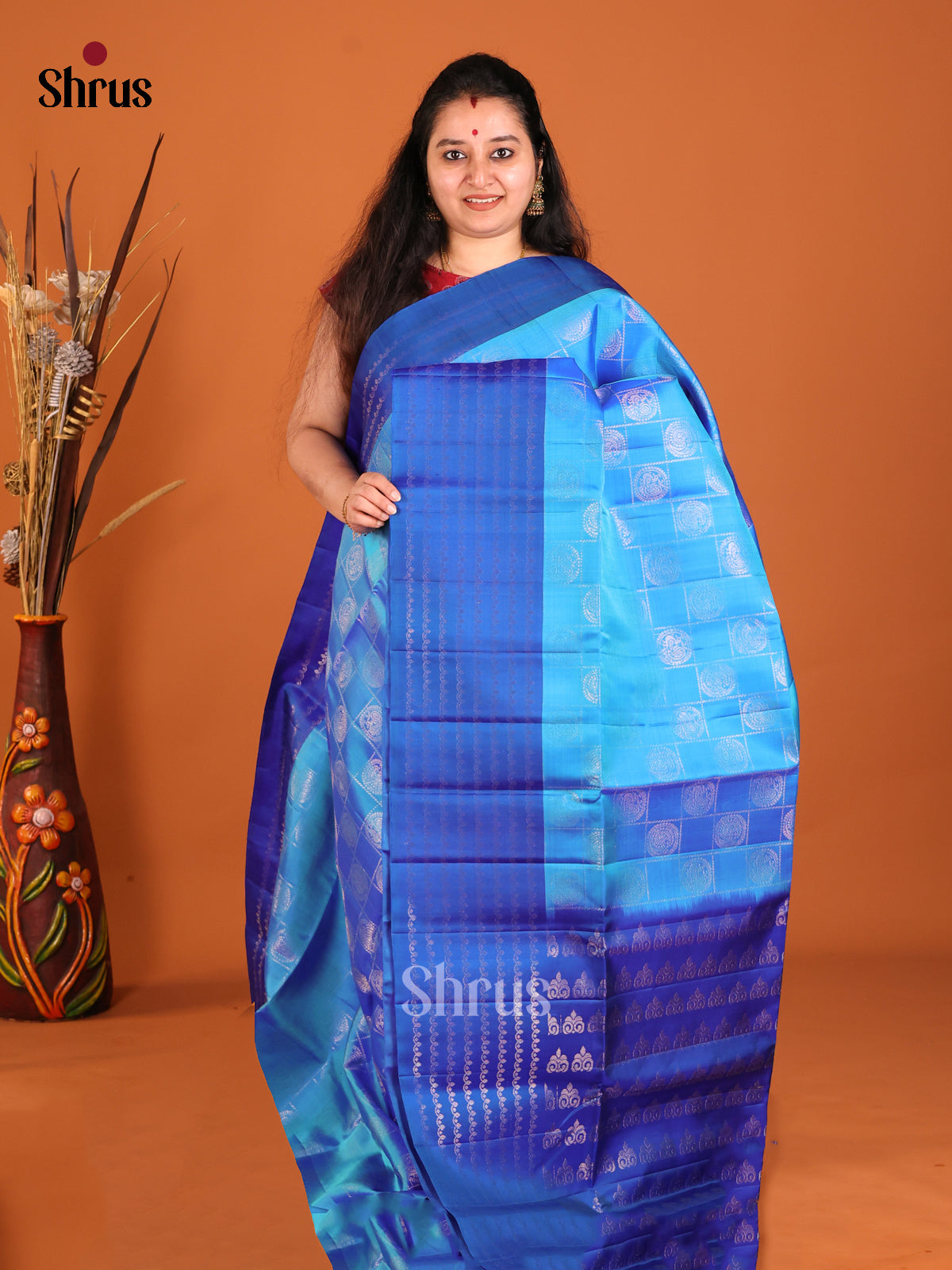 Teal & Blue Soft Silk Saree with zari checks, floral motifs