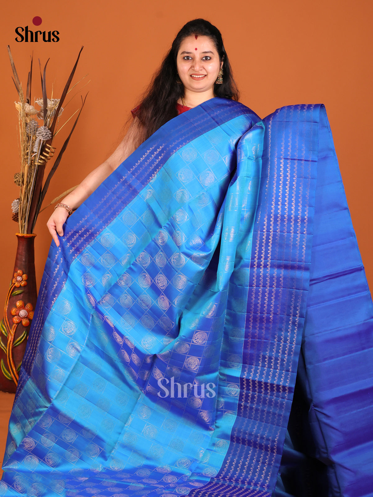 Teal & Blue Soft Silk Saree with zari checks, floral motifs -1