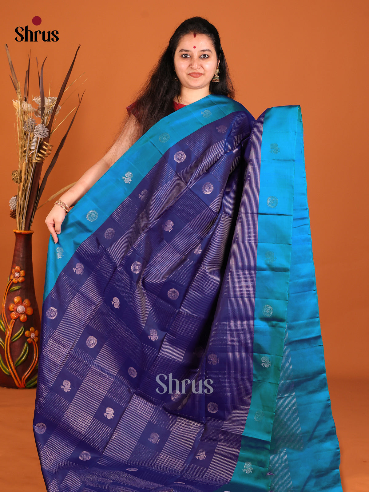 Classic Blue Soft Silk Saree with zari checks, peacock buttas & Teal Border -1