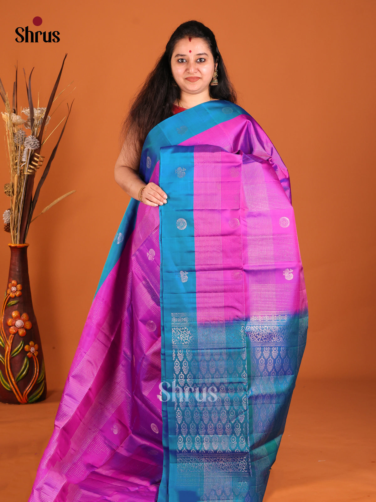 Majenta & Blue Soft Silk Saree with zari checks