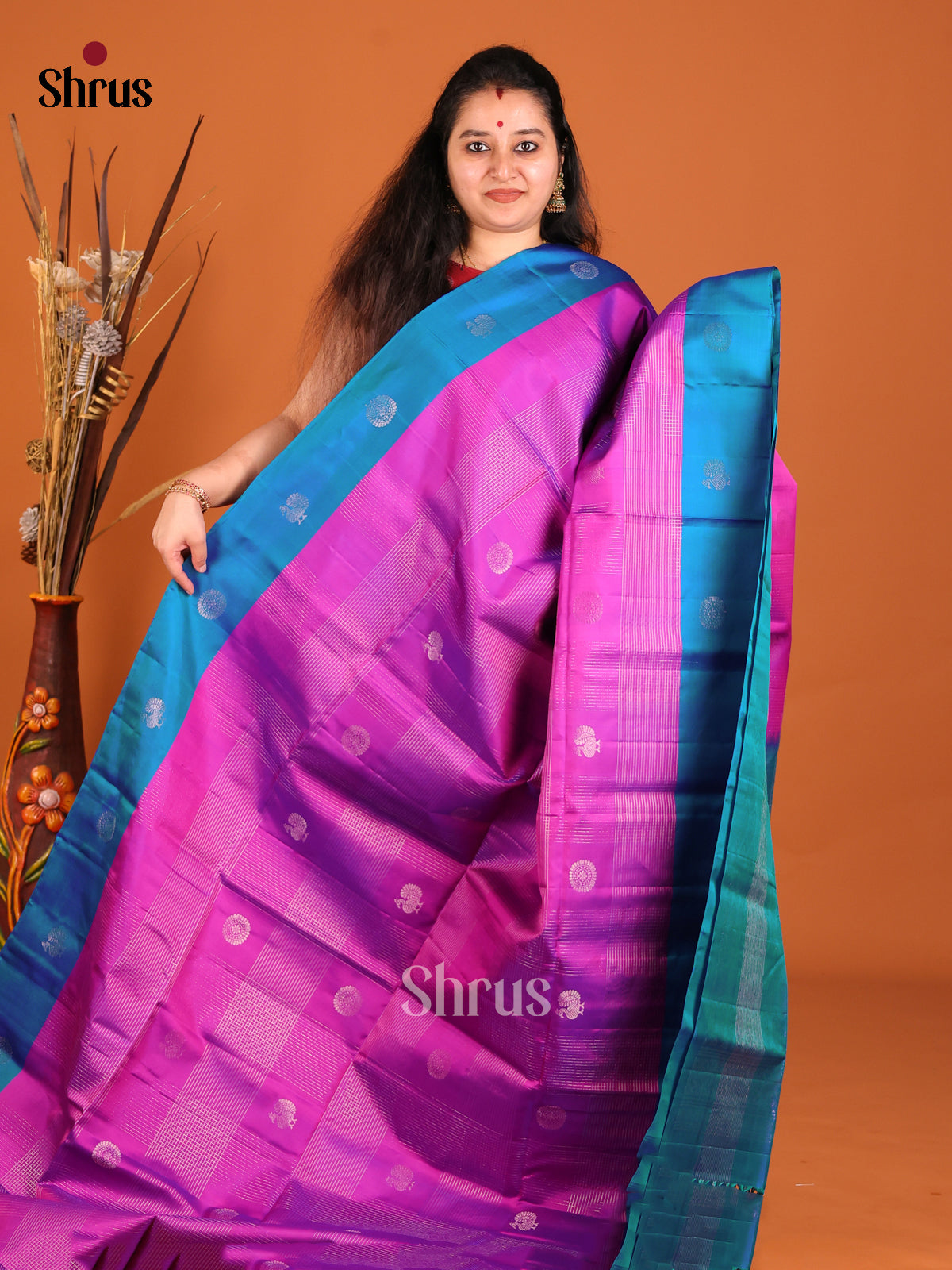 Majenta & Blue Soft Silk Saree with zari checks -1