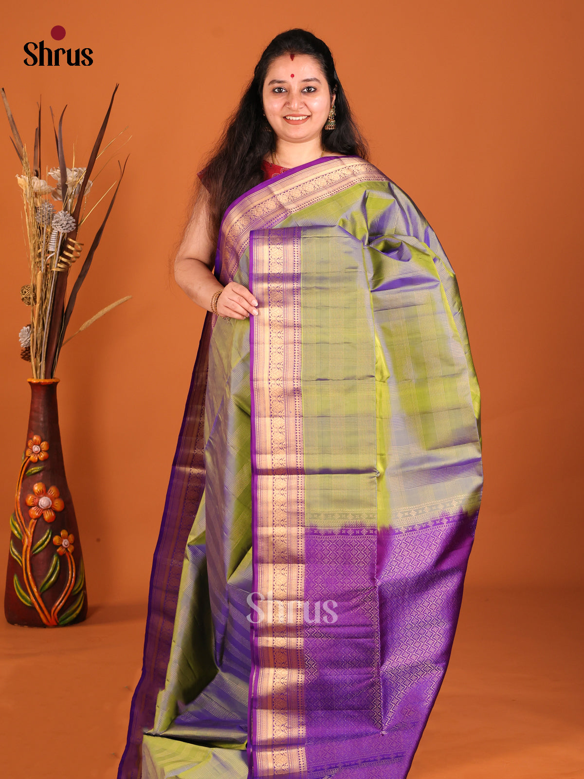 Double Shaded Green & Purple Soft Silk Saree with zari checks - Shop on Shrus.com